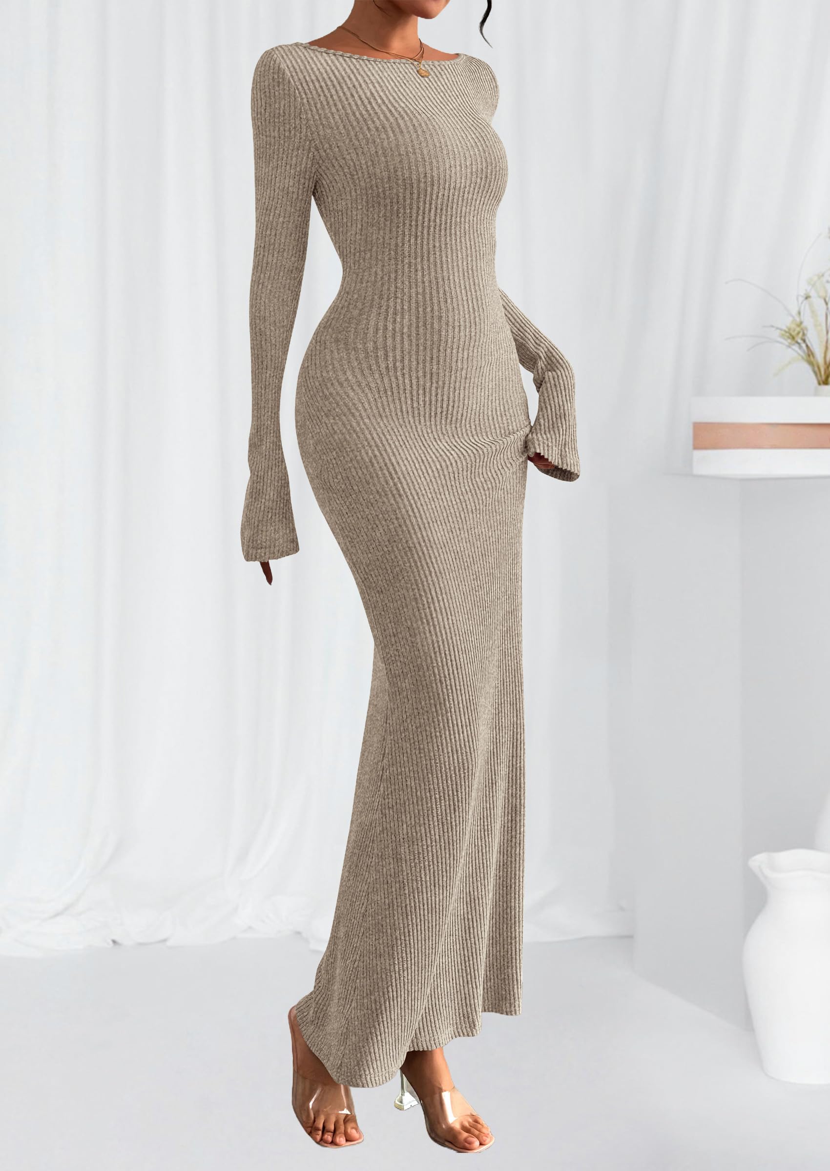Women's Fall Long Sleeve Bodycon Maxi Dresses (Apricot,XS)