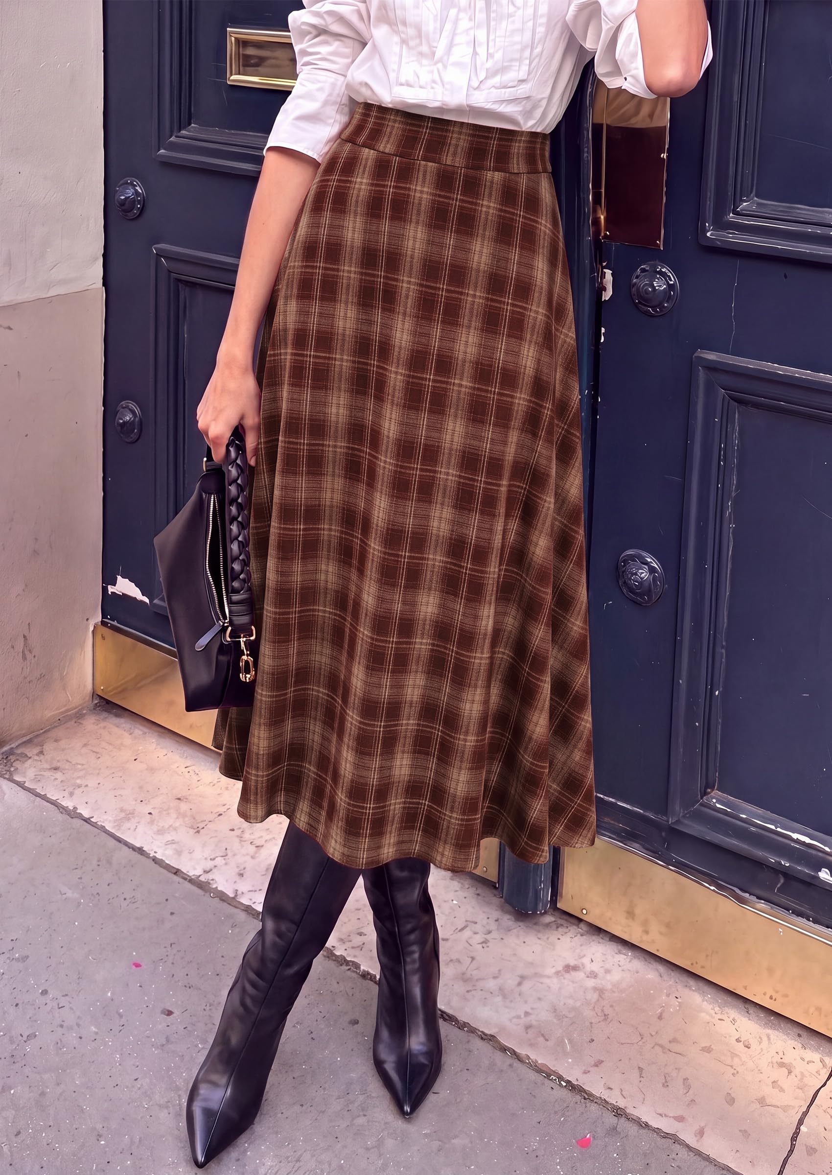 Women's Plaid High Waisted A-Line Midi Skirts,Brown Red,S