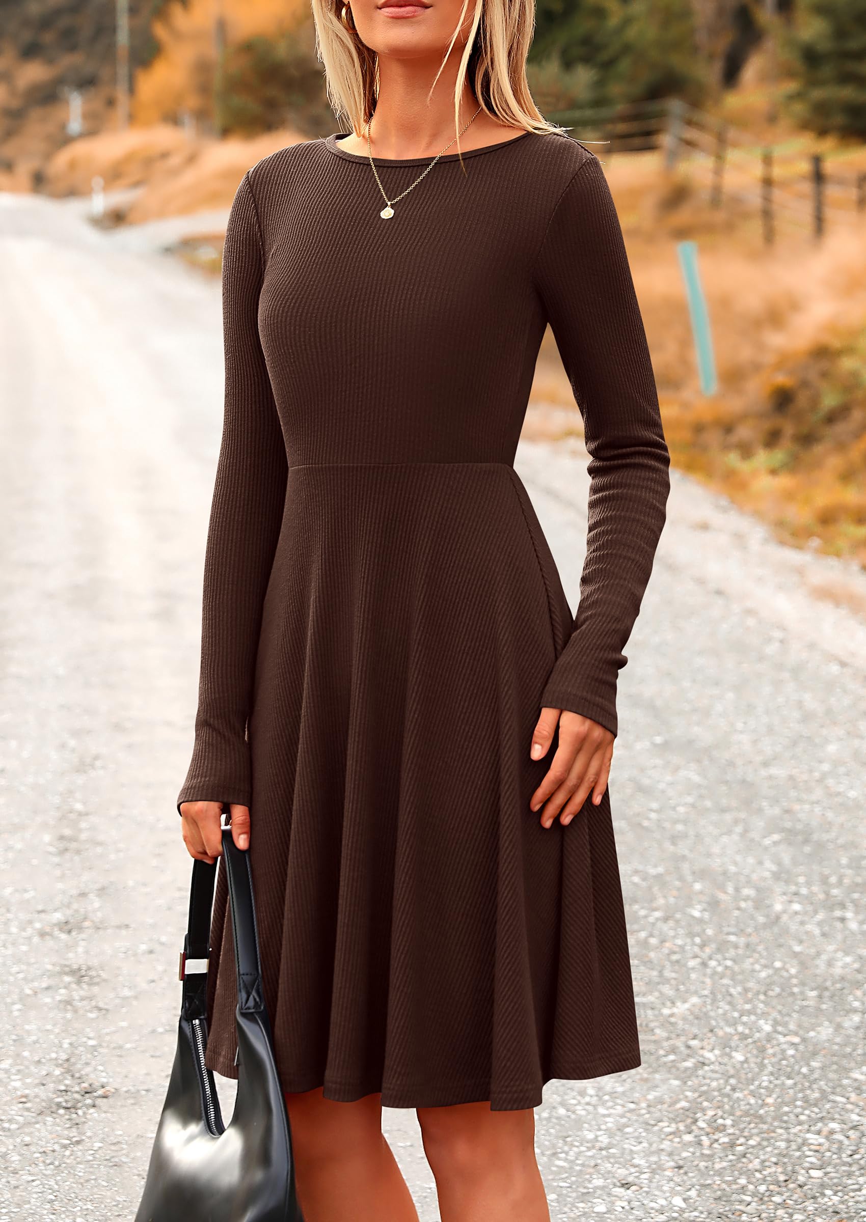 Women's Fall Casual Long Sleeve Short Dress (Dark Coffee,S)