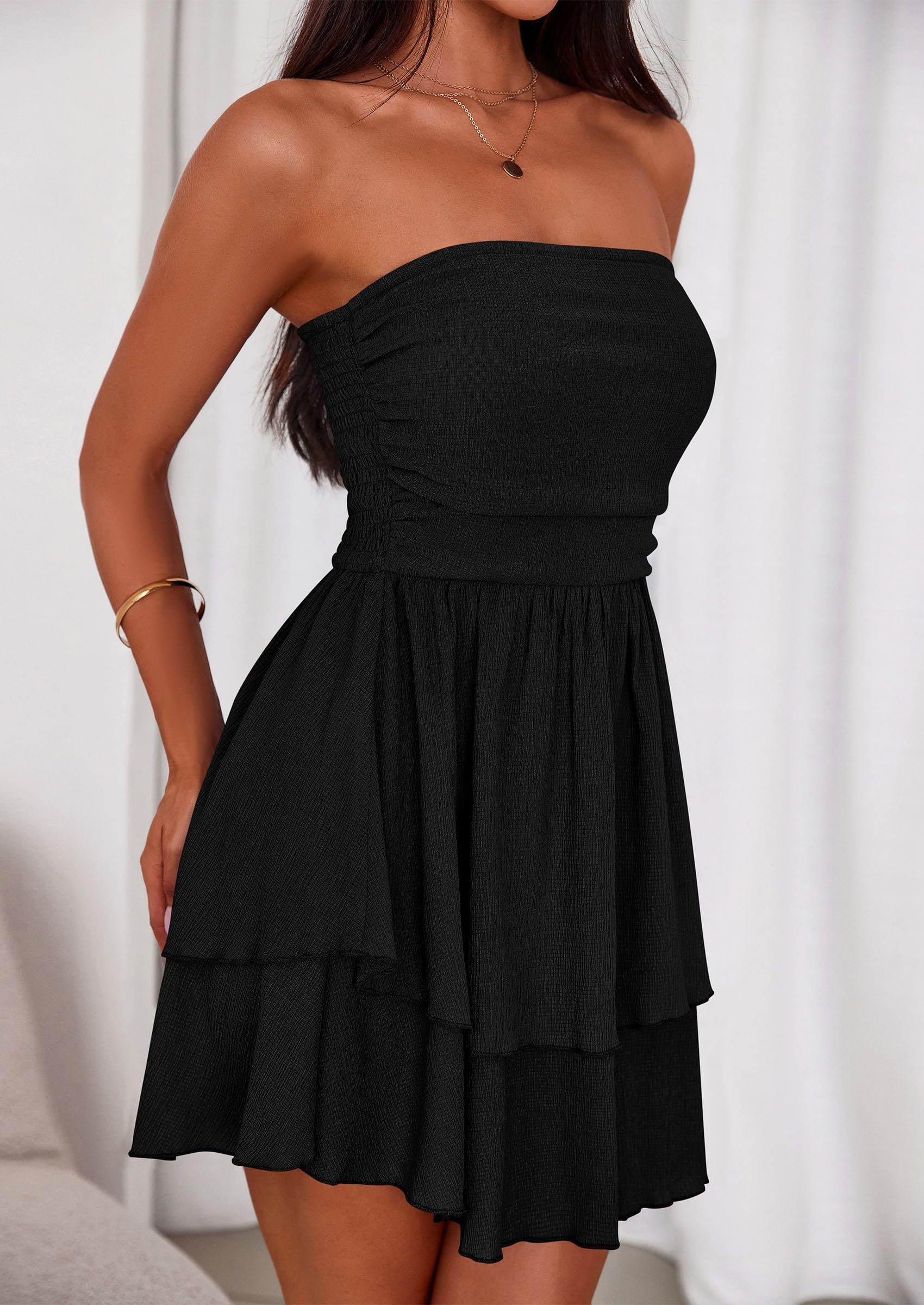 Women's Summer Strapless Flowy Mini Dresses (Black,S)