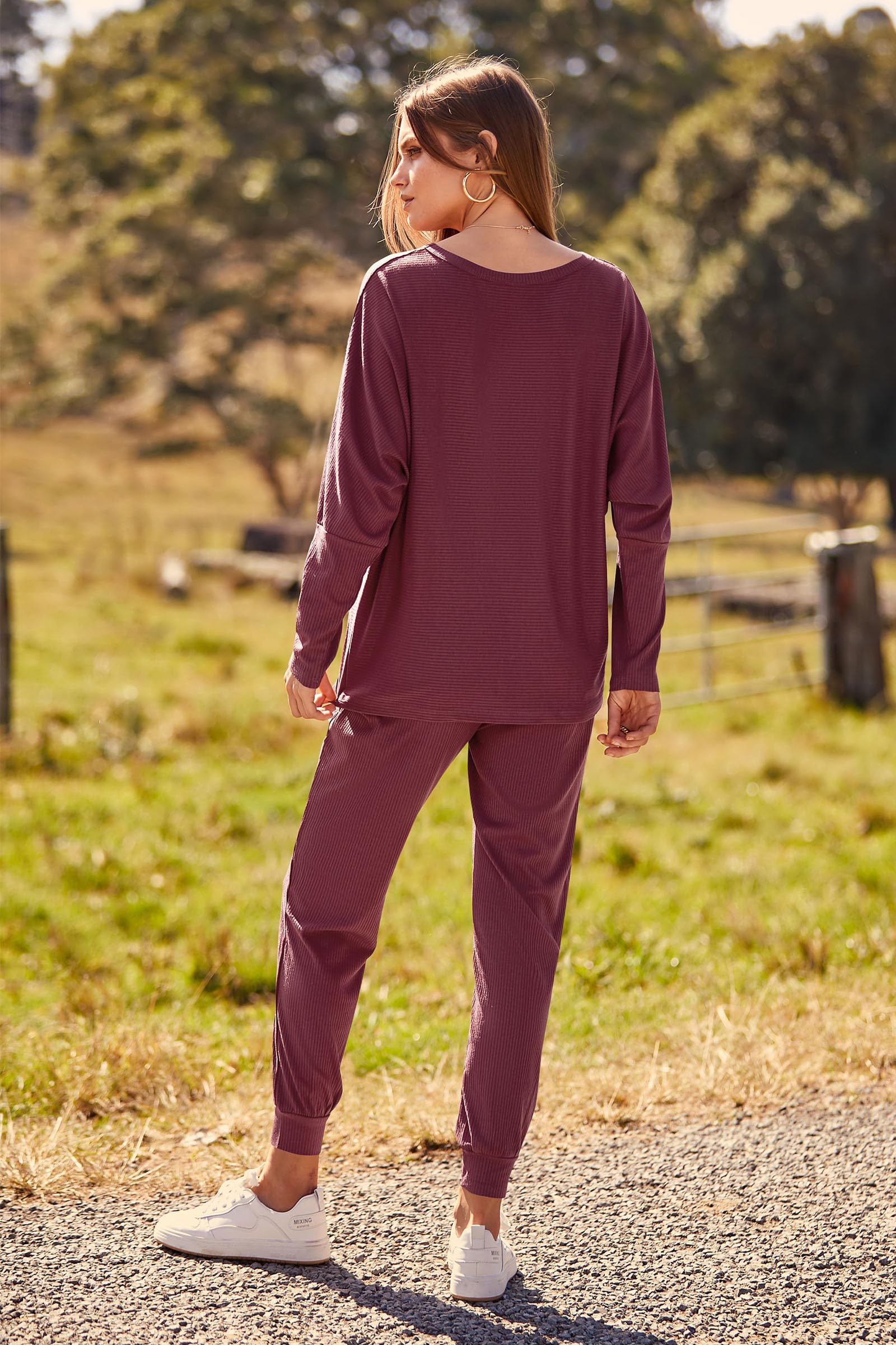 Women's 2 Piece Outfit Matching Lounge Set, Wine Red,S