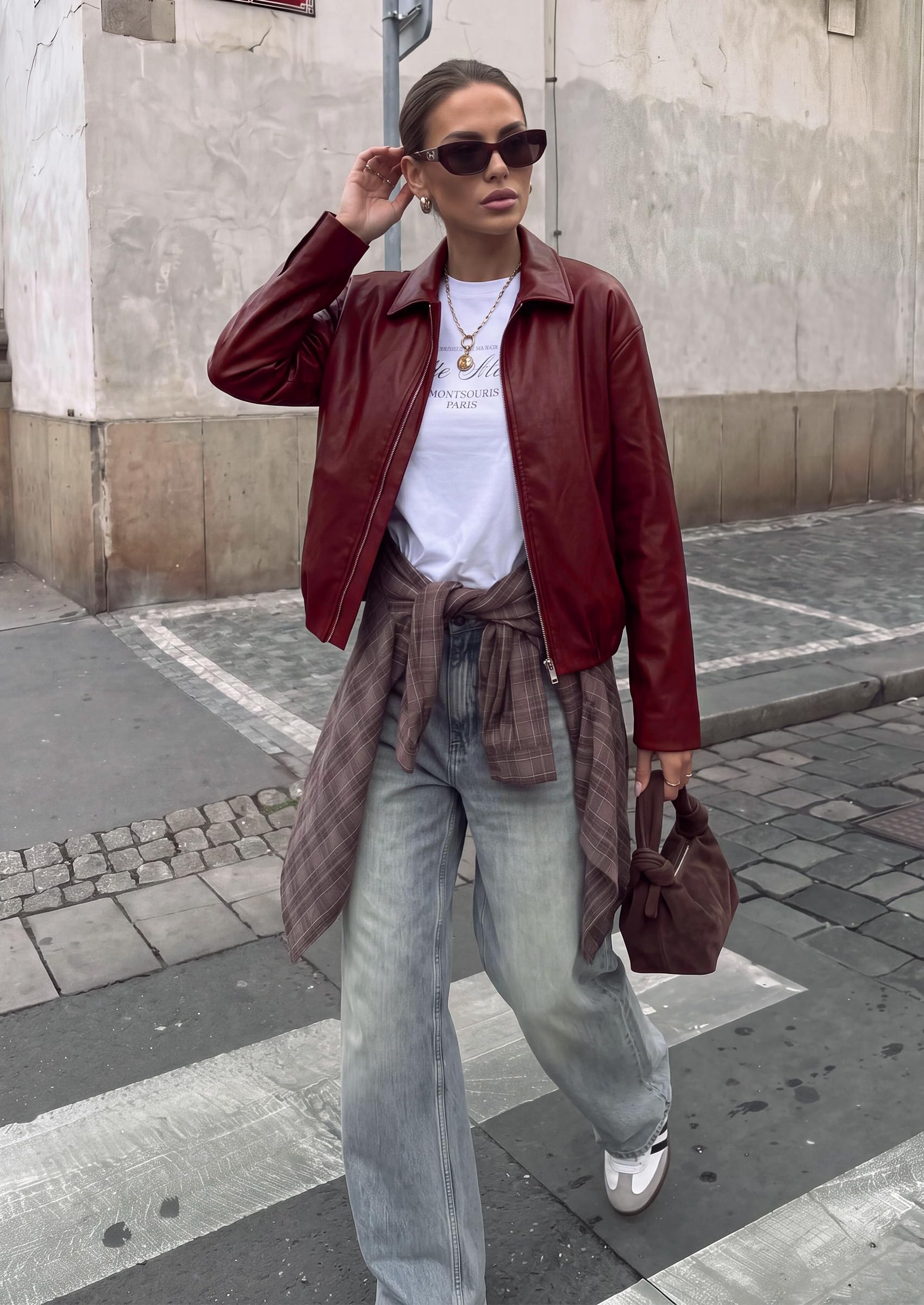 Womens Faux Leather Motorcycle Jackets Fall Cropped Coats