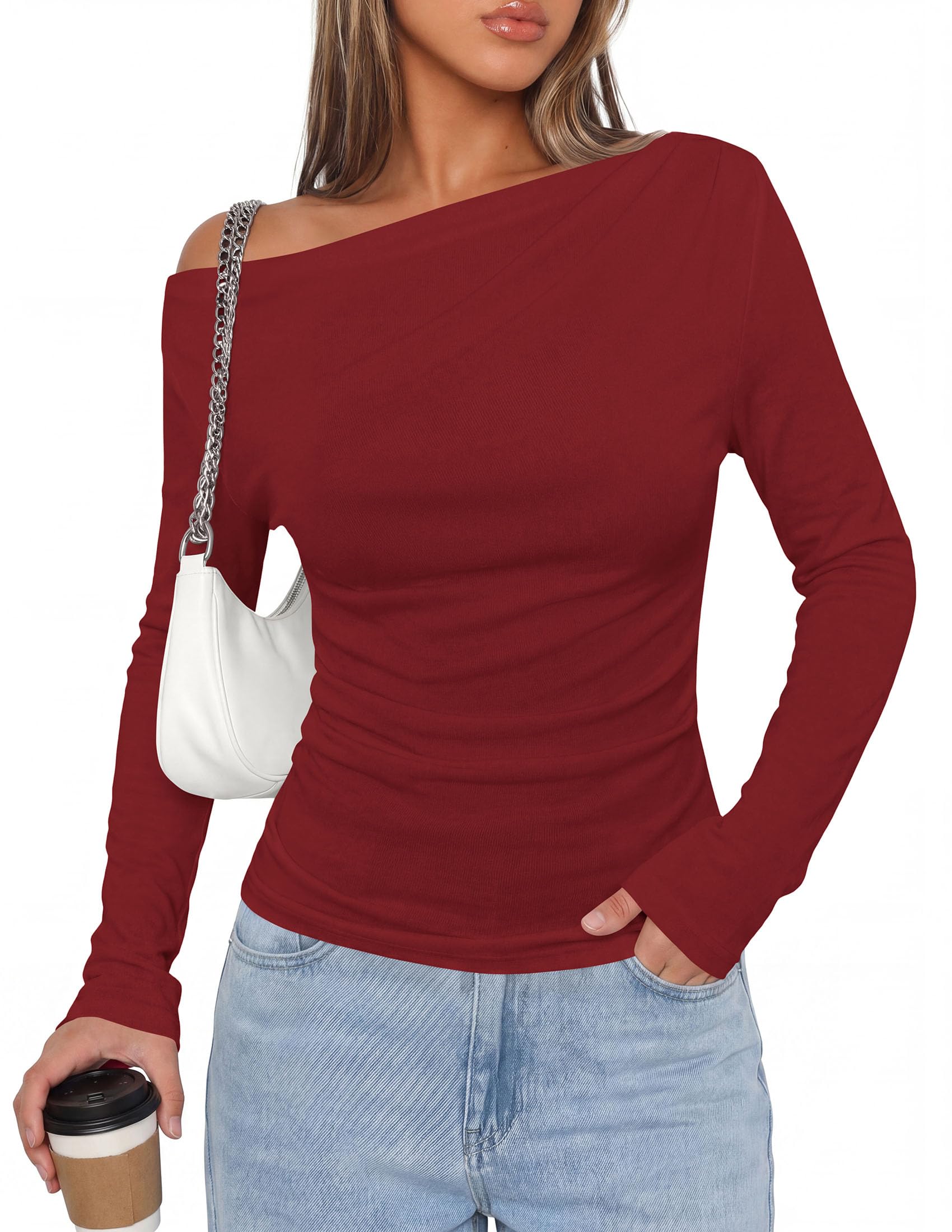 Womens Off The Shoulder Tops Long Sleeve Shirts,Wine Red,S