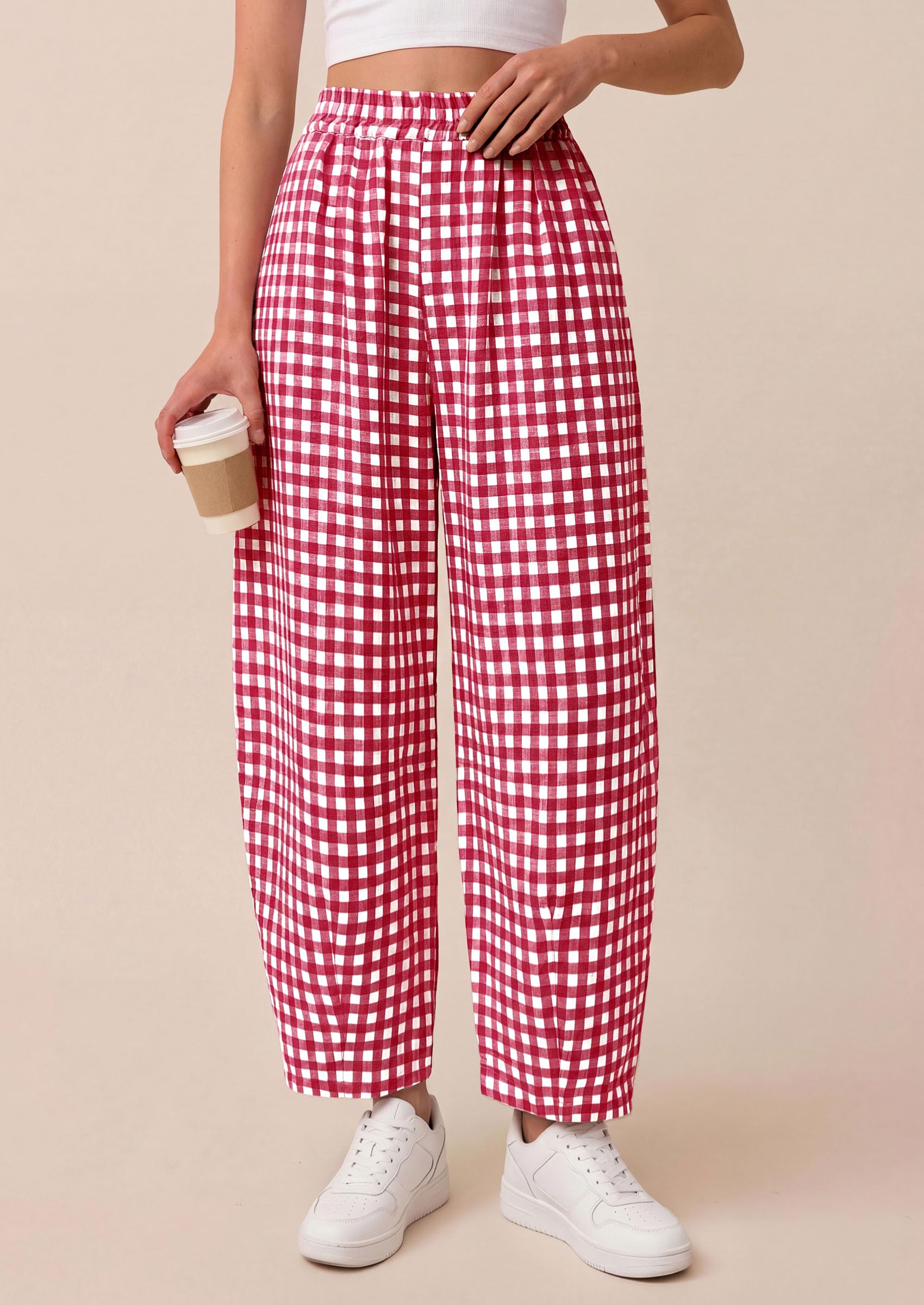 Plaid Barrel Pants Women Summer Bottoms, Red Plaid,S