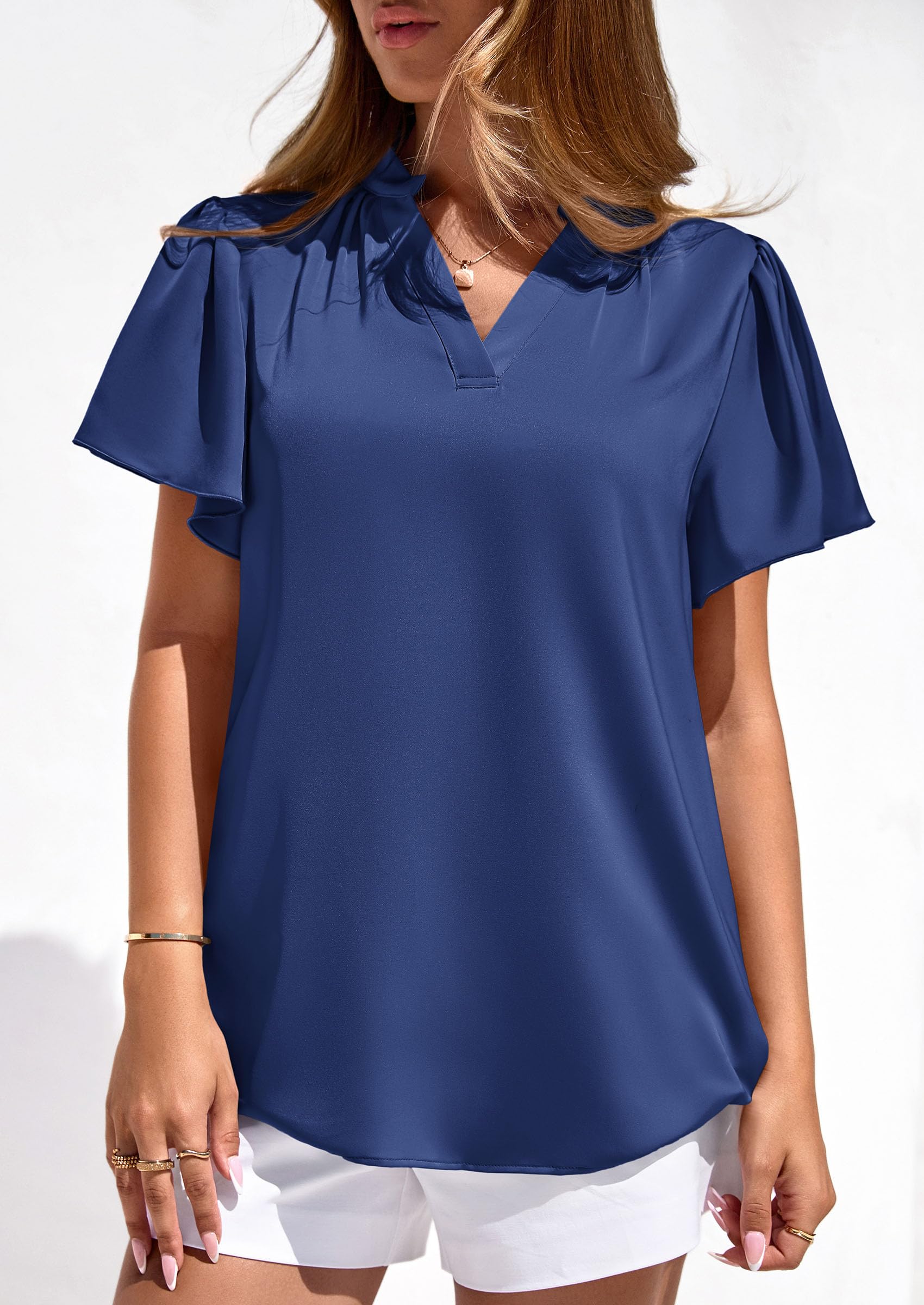 Women's Summer Satin Dressy Casual Blouses (Navy Blue,S)