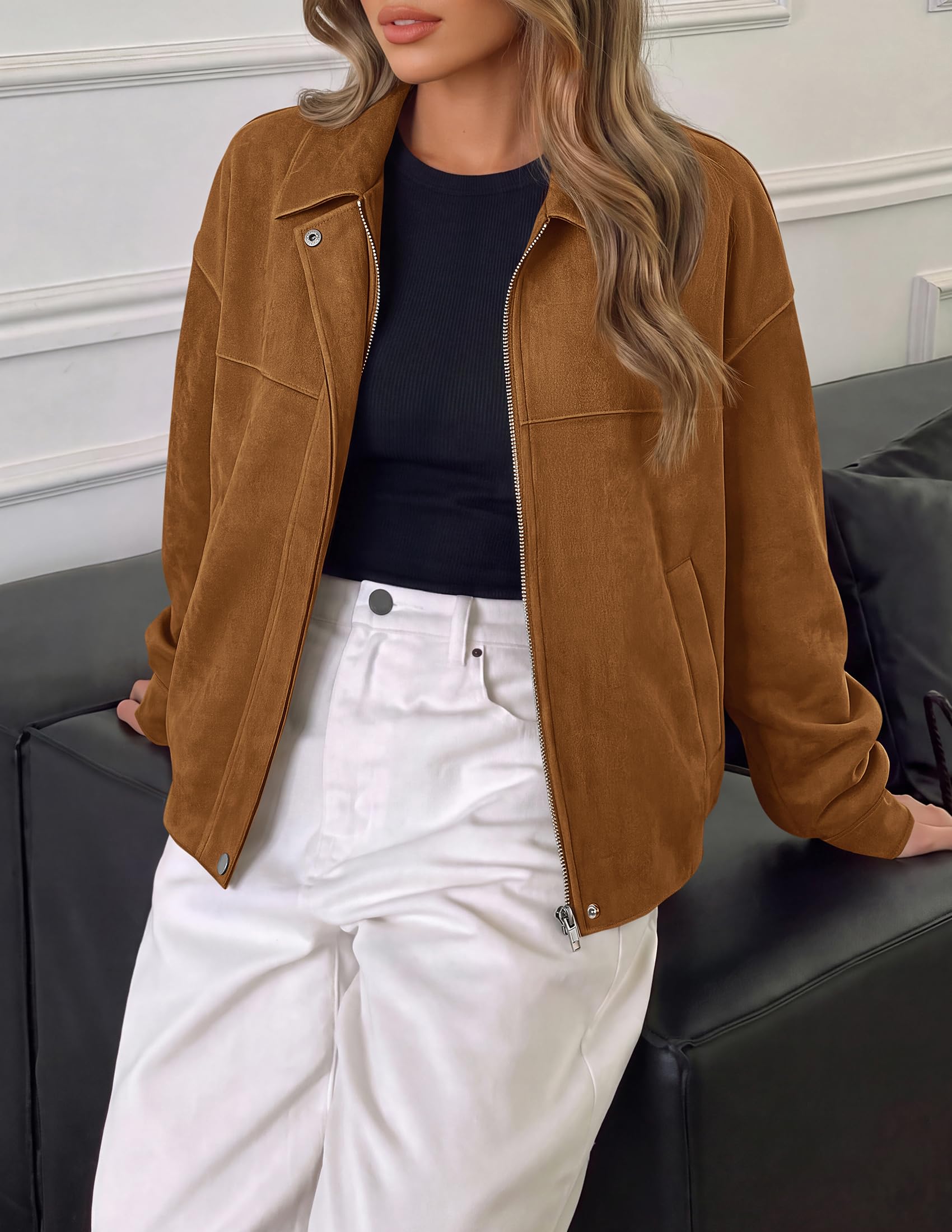 Women's Faux Suede Cropped Fall Jackets,Brown,S