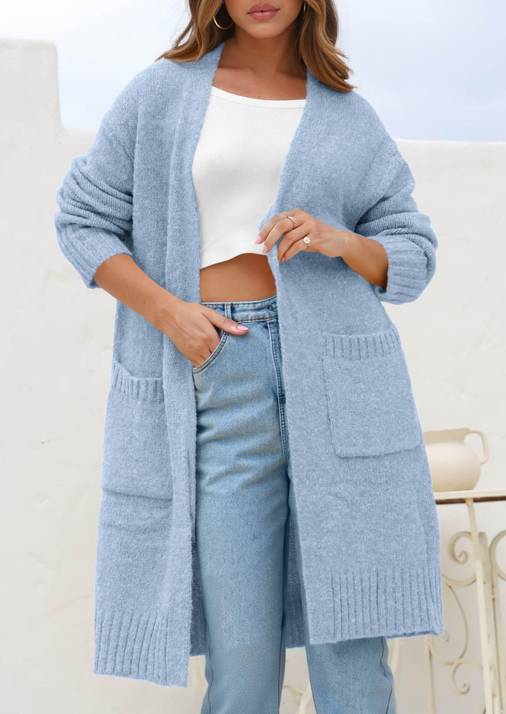 Open Front Cardigan Sweaters for Women,Blue,S