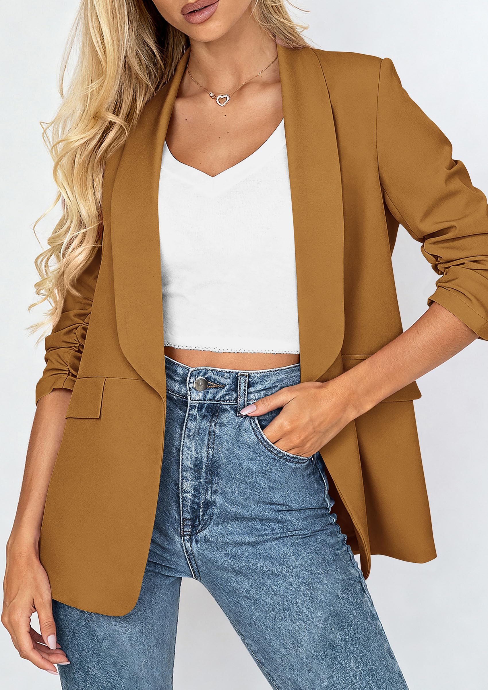 Women's Summer Blazers Business Casual Outfits Brown Yellow,XS