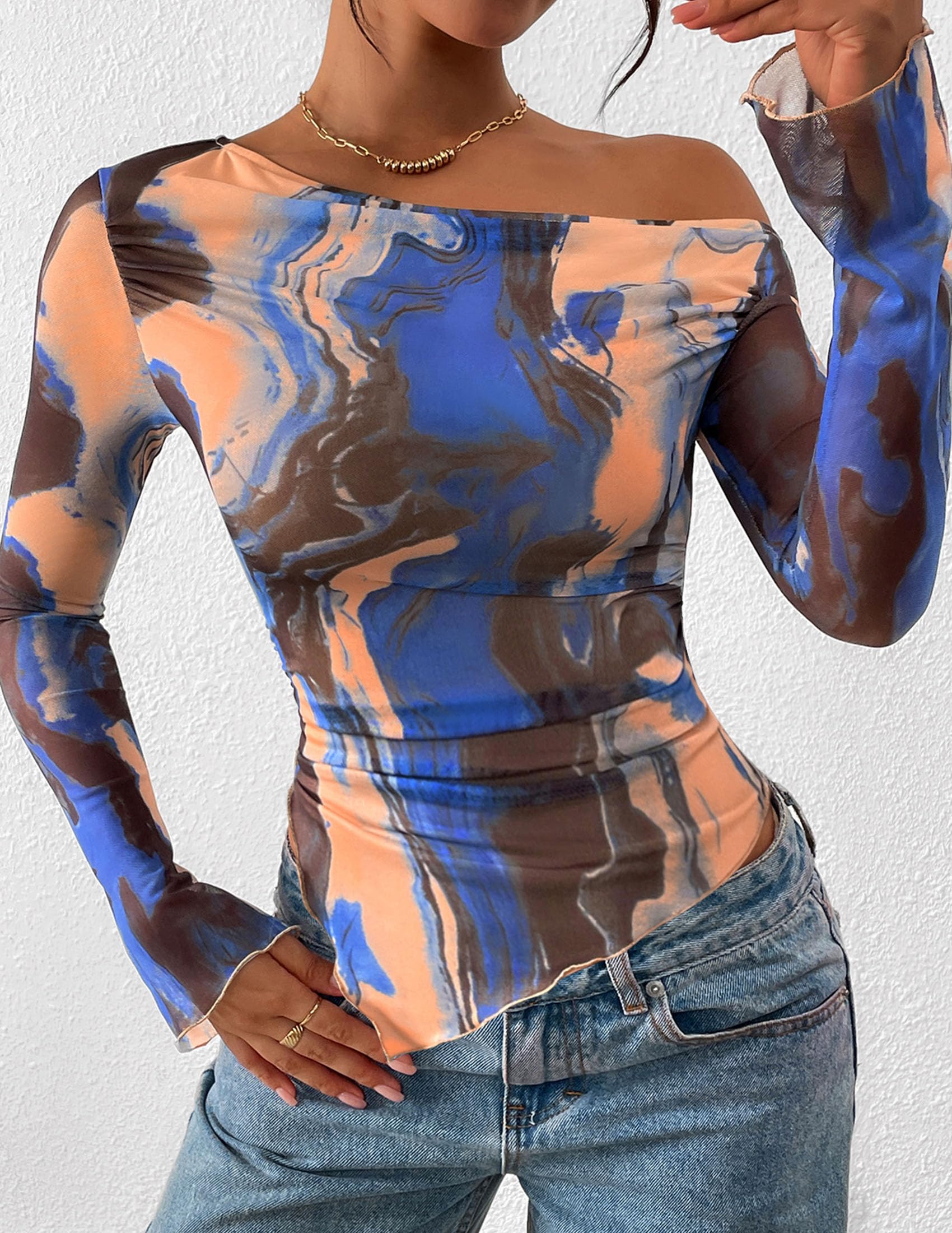 Womens Off Shoulder Mesh Y2k Tops,Blue Watercolour,XS