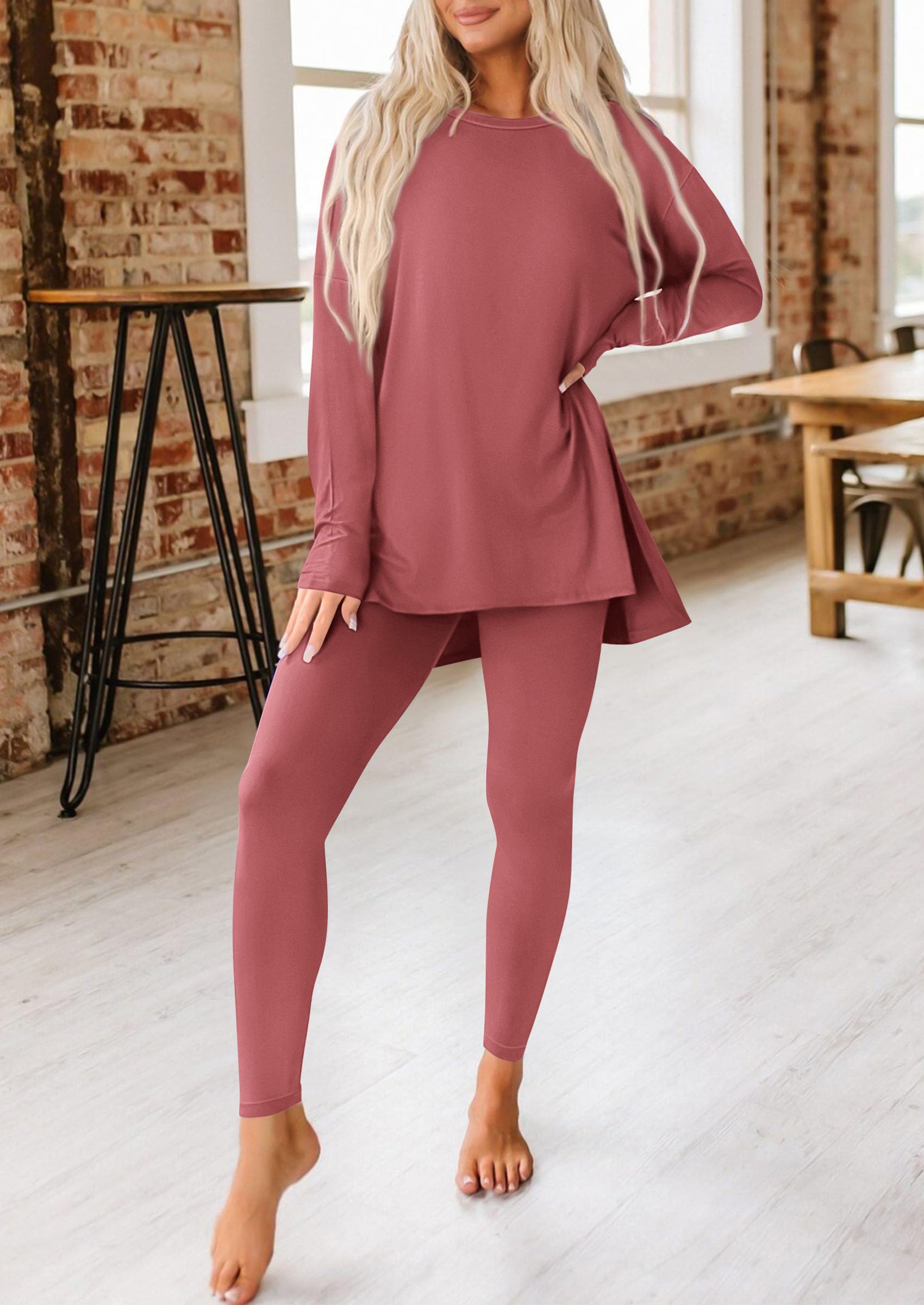 Women's 2 Piece Outfits Matching Lounge Sets,Dusty Pink,S