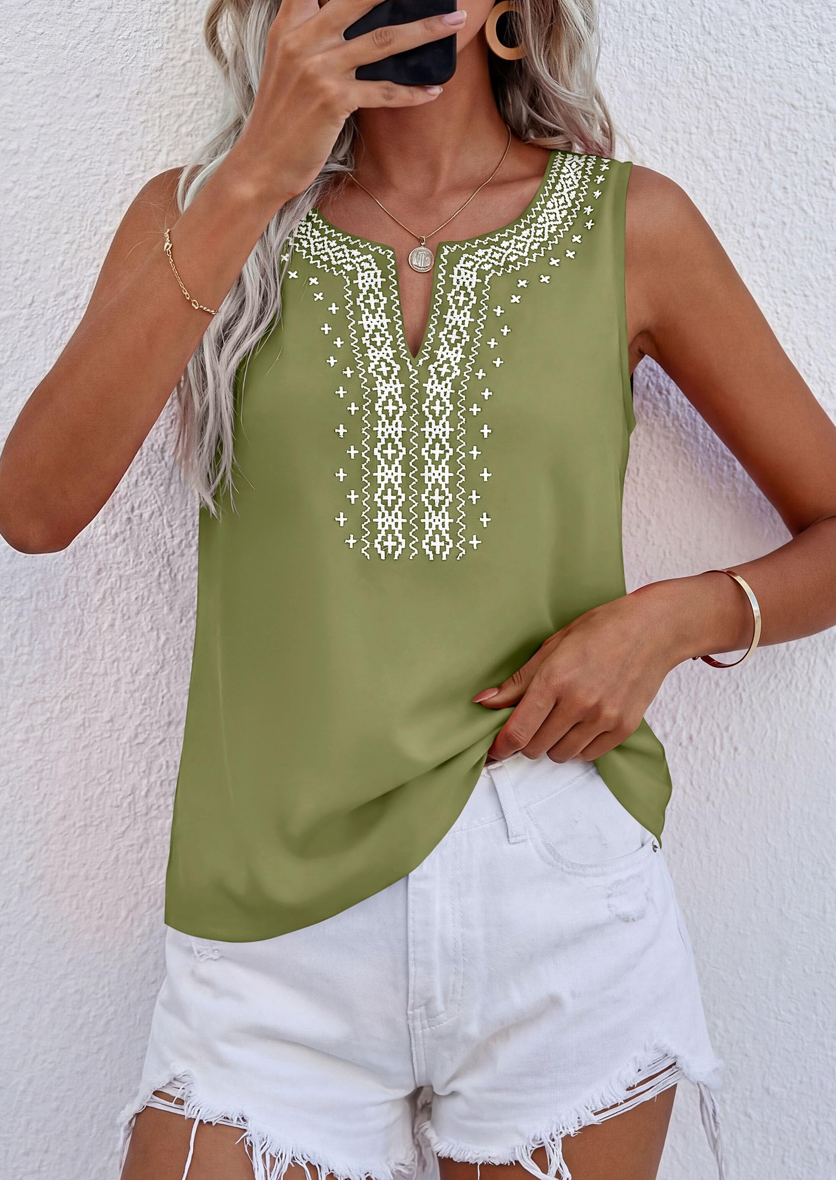 Womens Embroidered Sleeveless Tank Tops Sage Green,S