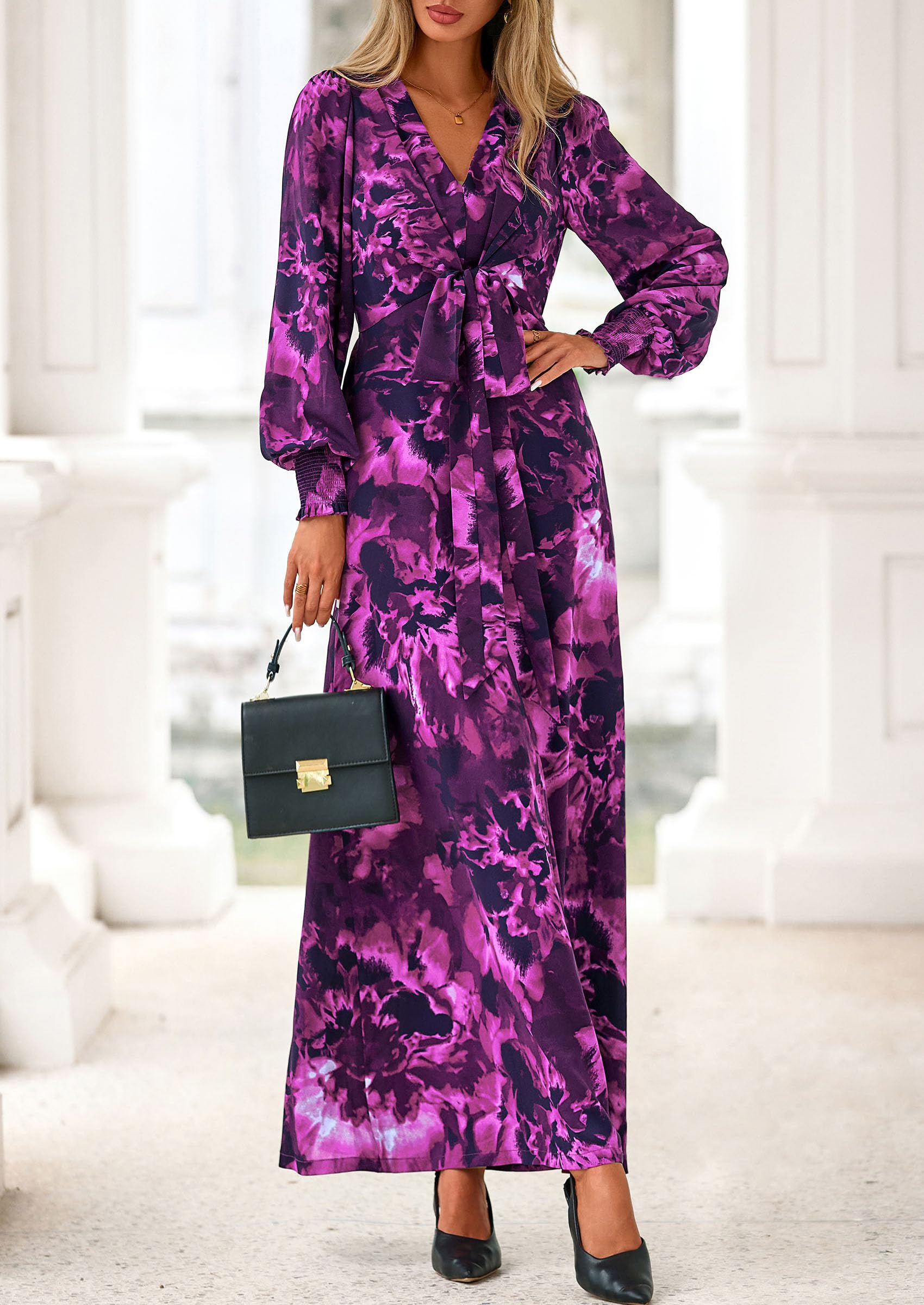 Women's Tie Waist Floral Maxi Dress,Floral Purple,S