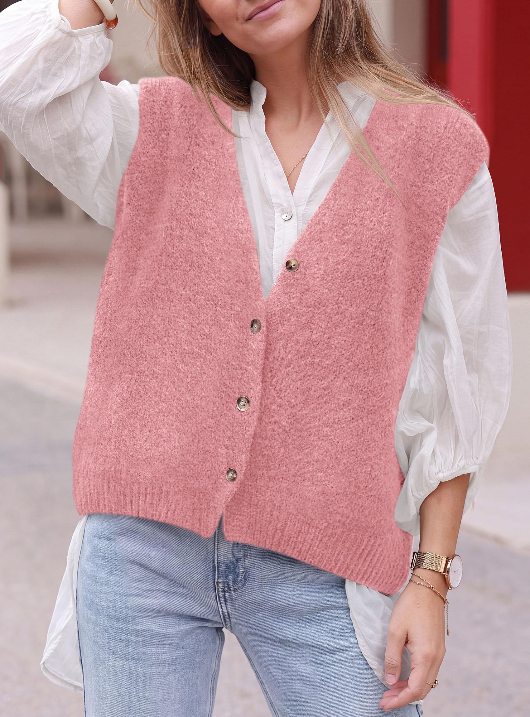 Womens Fall Sleeveless Button Down Sweater Vest,Pink,S