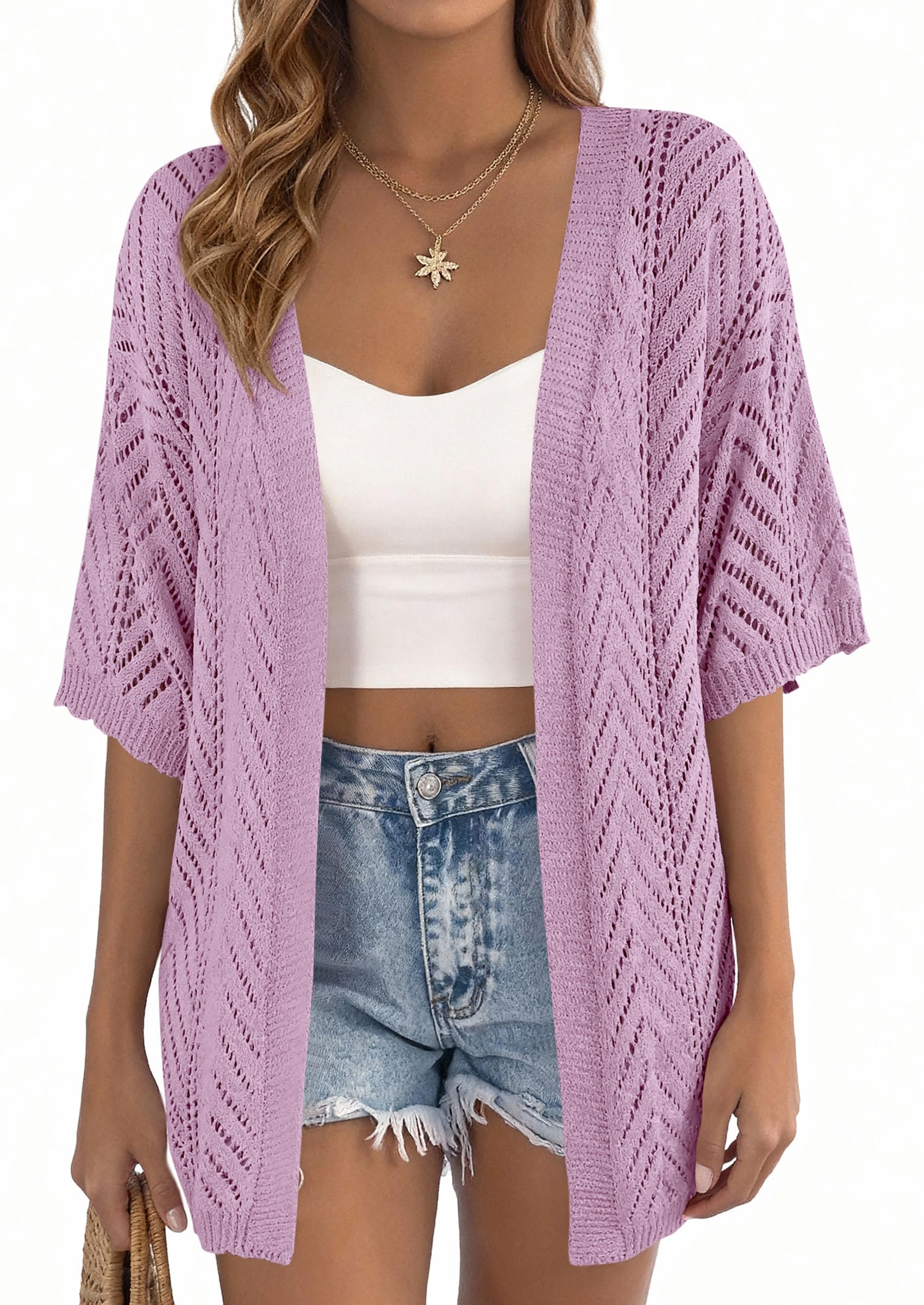 Women Lightweight Summer Short Sleeve Cardigan, Purple,S