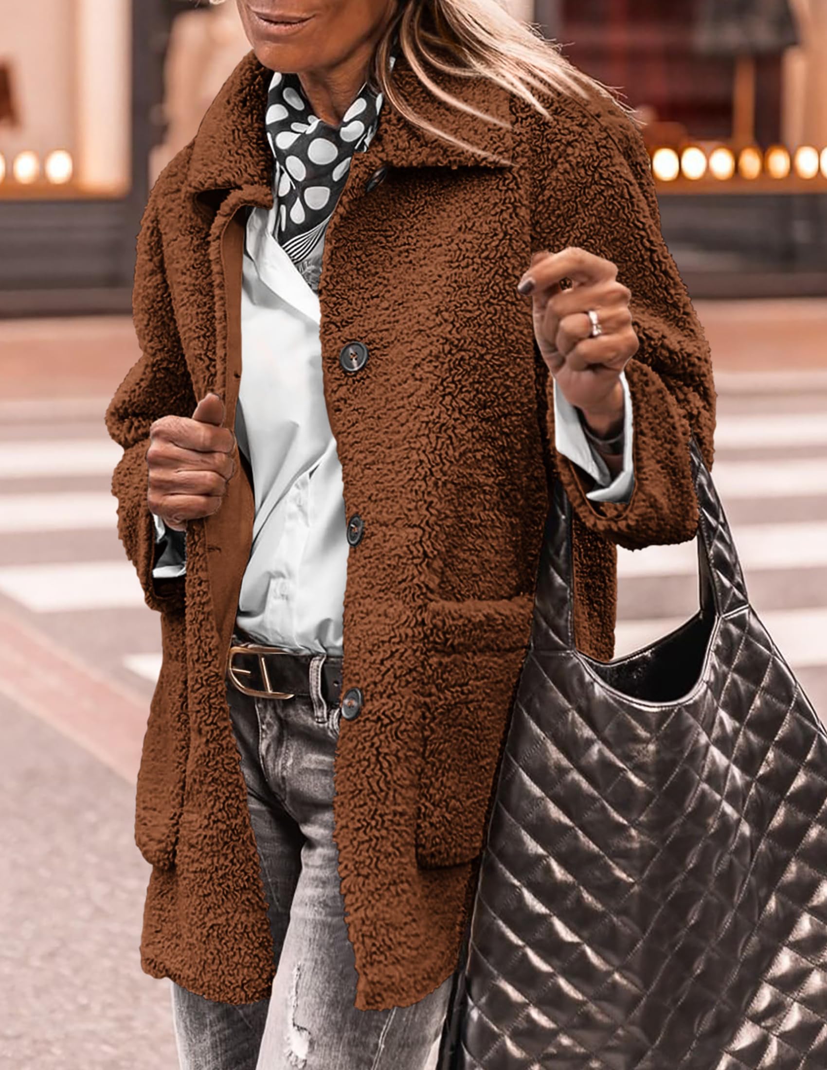 Women's Winter Faux Fur Coats Long Sleeve Lapel Button Down Pockets Fleece Sherpa Jacket Casual Trendy Outerwear (Brown,Small)