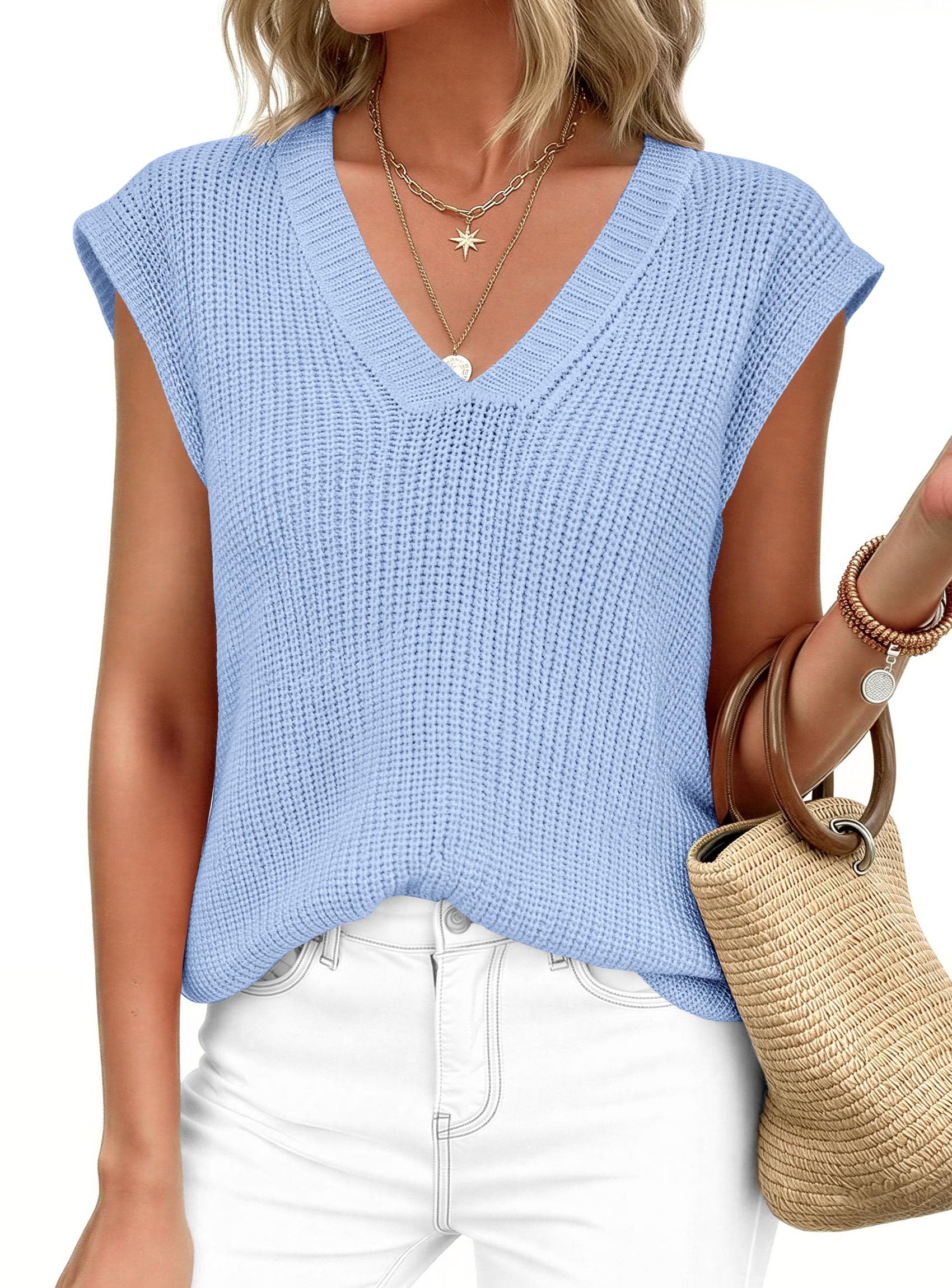 Women's Cap Sleeve Sweaters Vest Summer Tops (Light Blue,S)