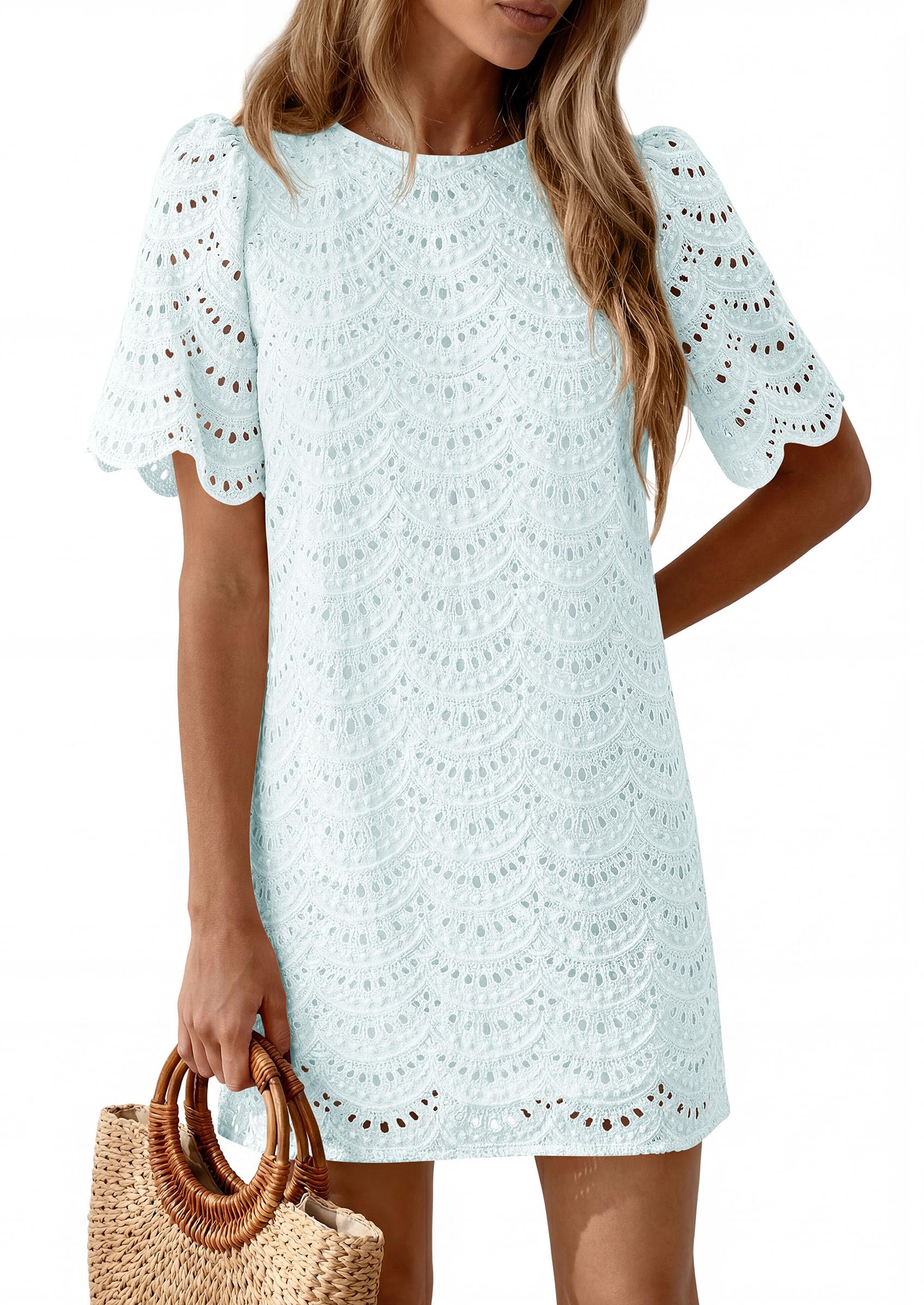 Women's Summer Eyelet Lace Short Dress (Light Blue,S)