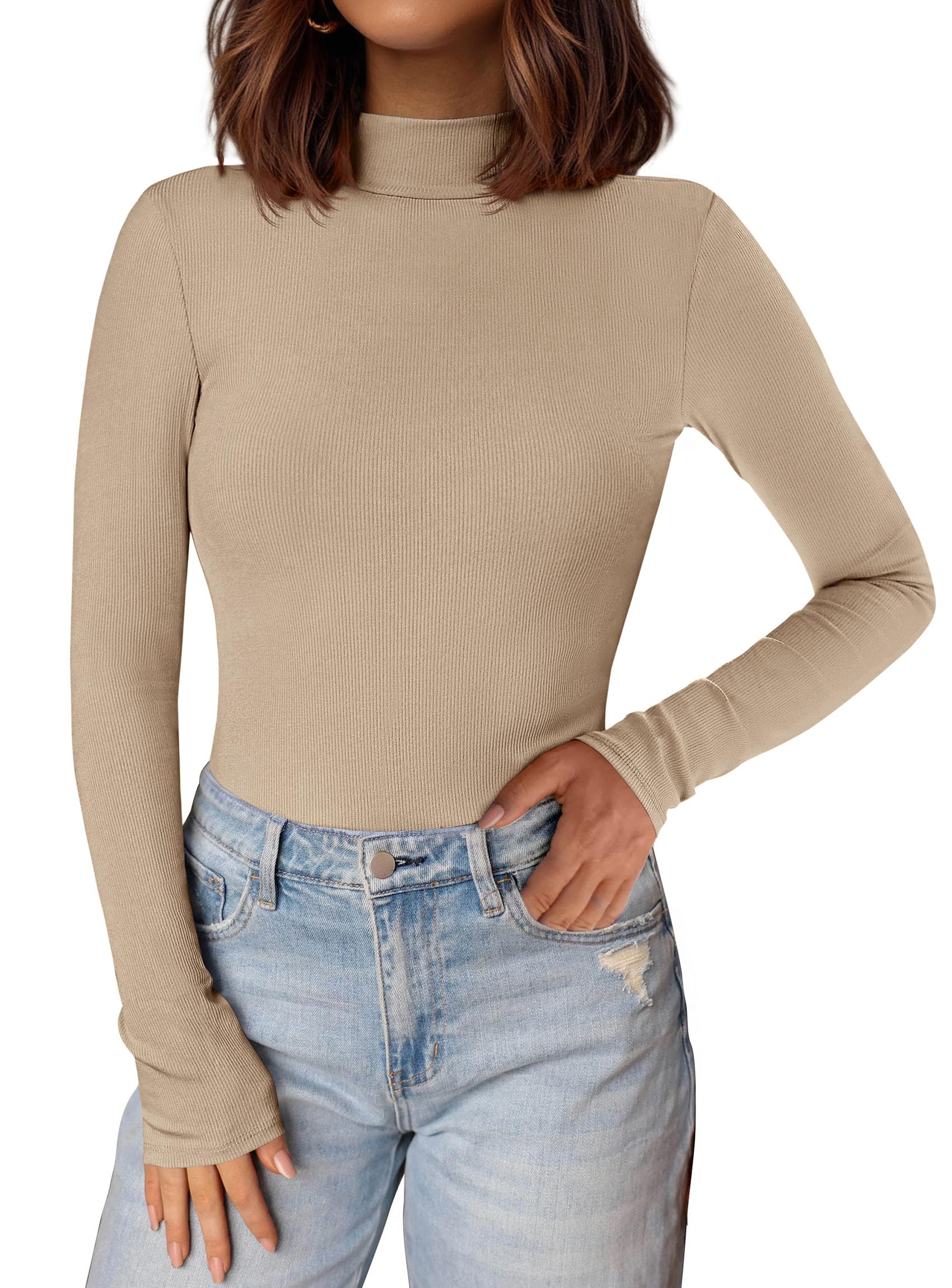 Womens Mock Turtleneck Fall Long Sleeve Shirts,Apricot,XS