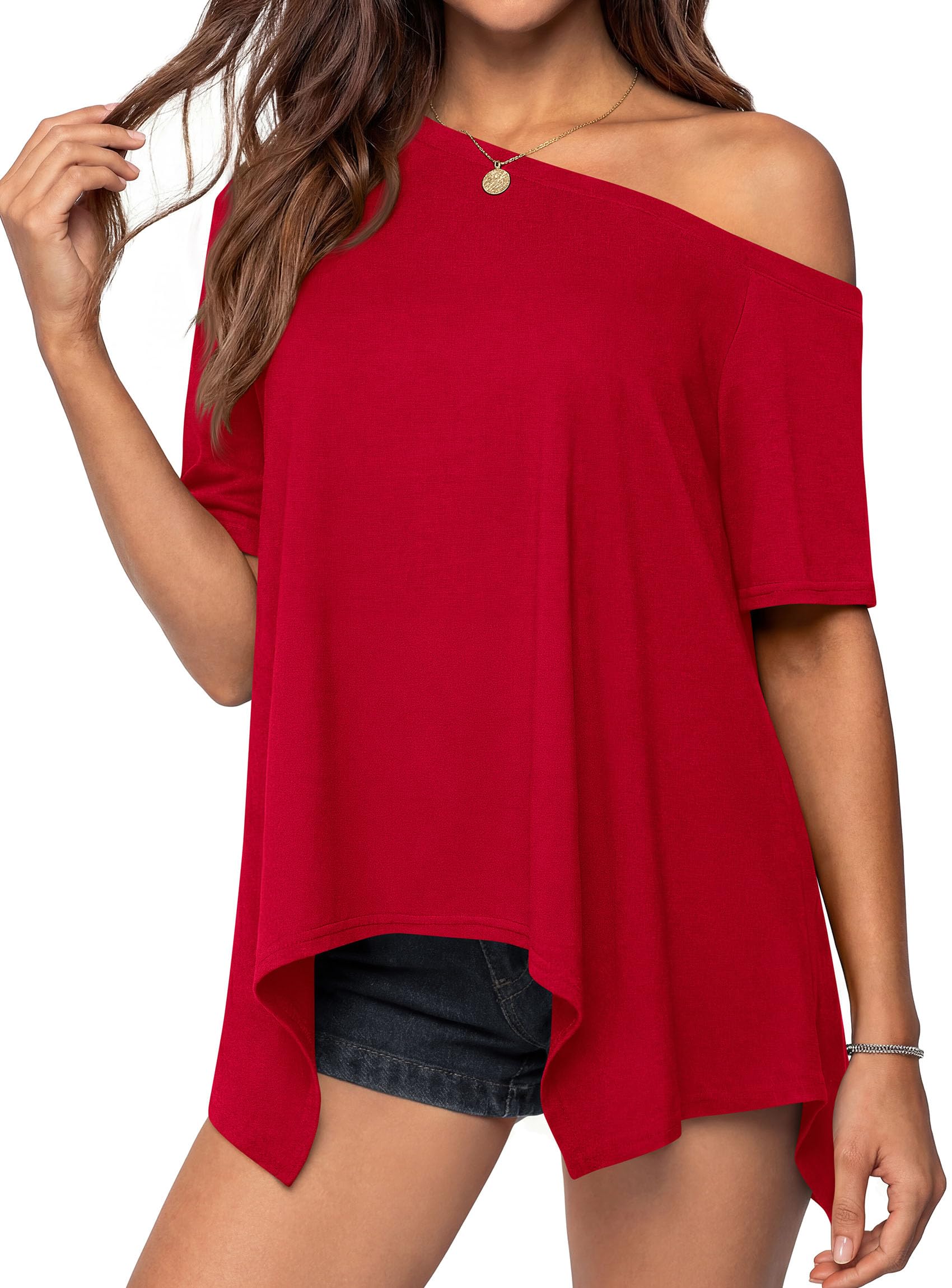 Off Shoulder Tops for Women Oversized Tshirts, Red,S