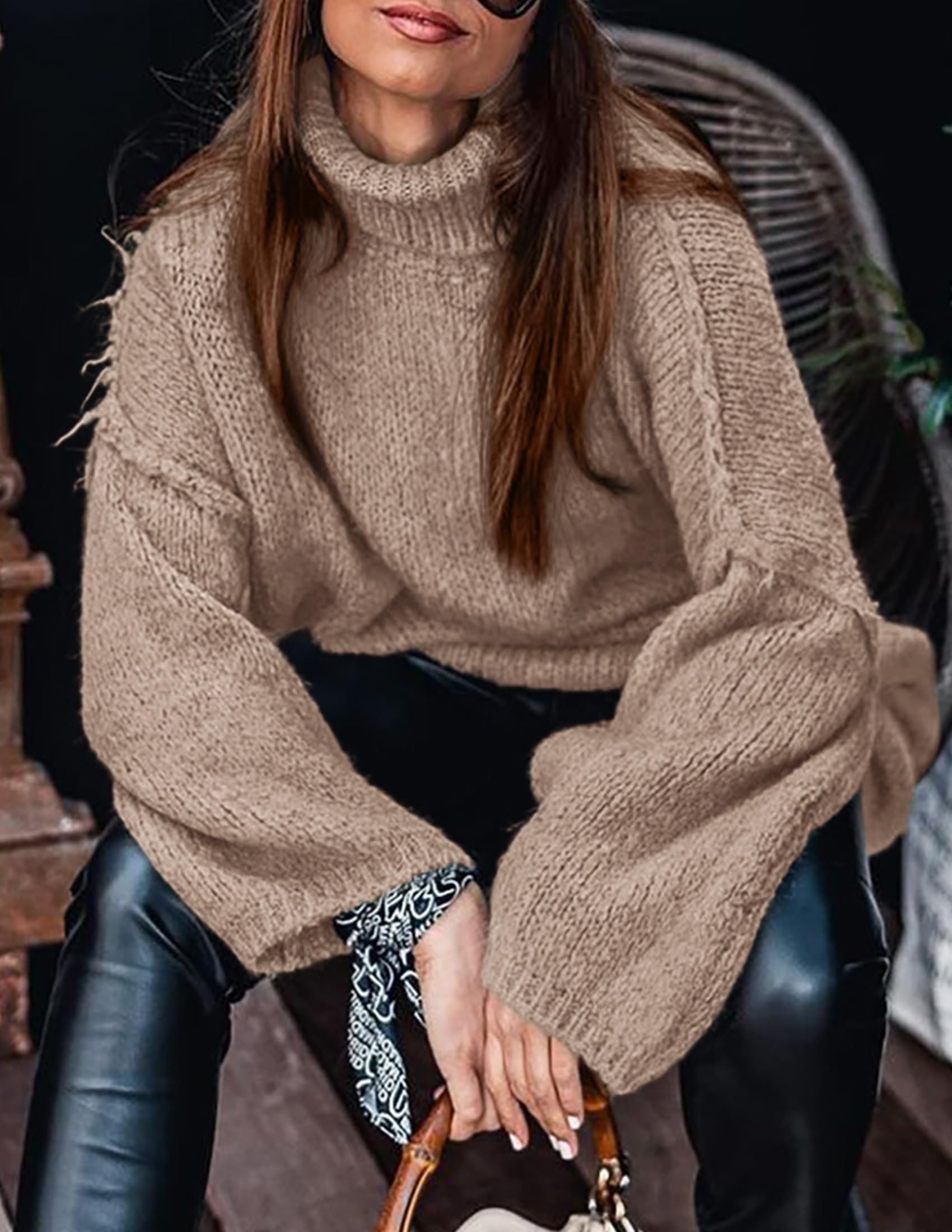 Womens Turtleneck Long Sleeve Oversized Sweaters,Khaki,L