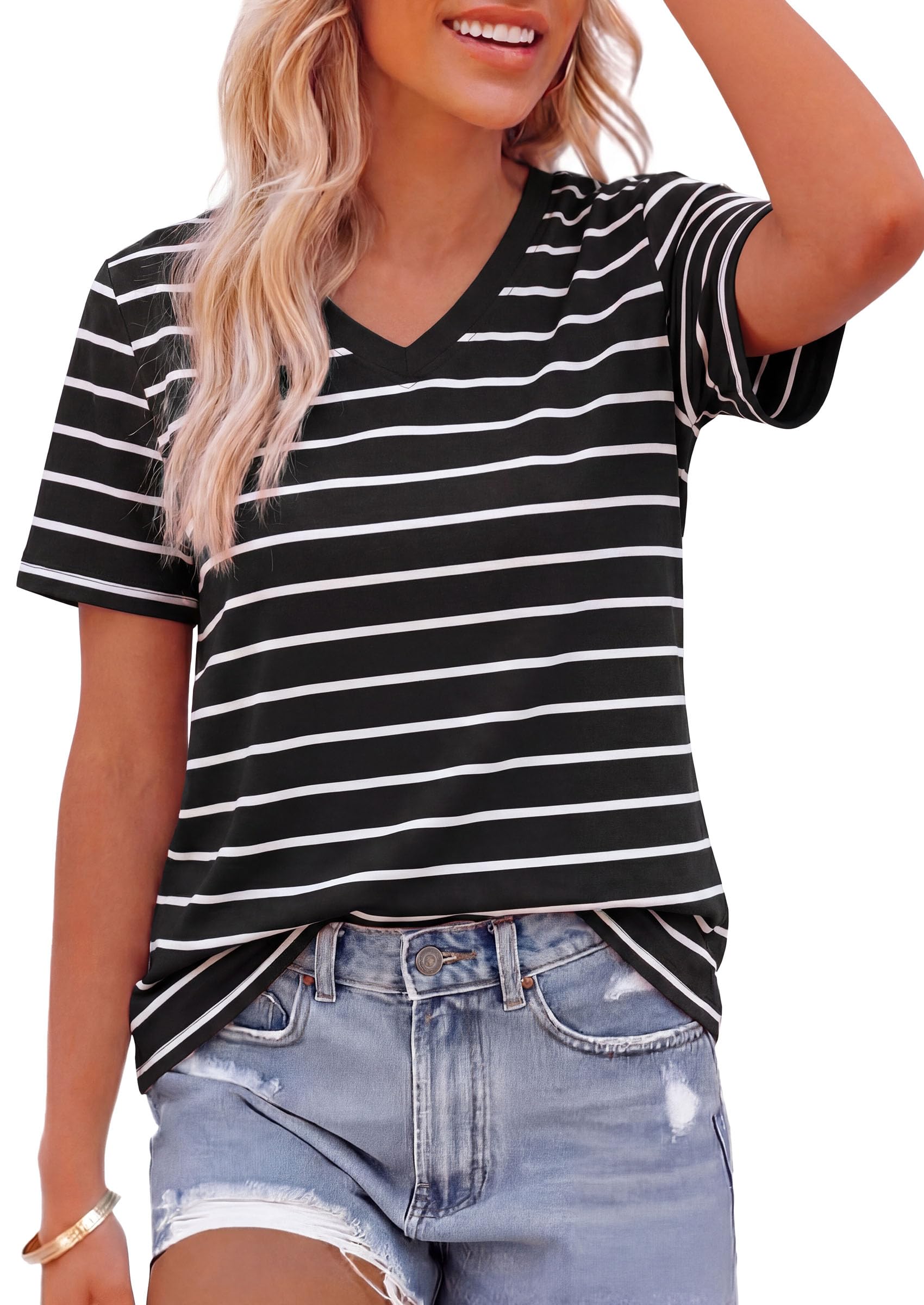 Striped Short Sleeve Womens Tops,Striped Black White,S