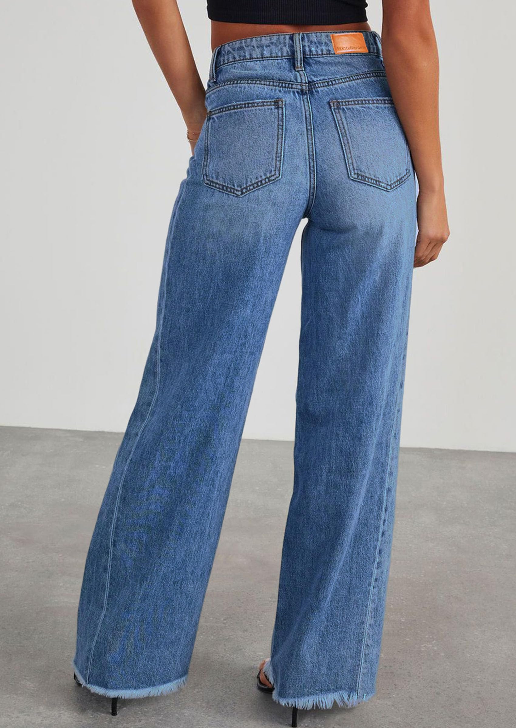 Women's Wide Leg Jeans Raw Hem Denim Pants,Dark Blue,4