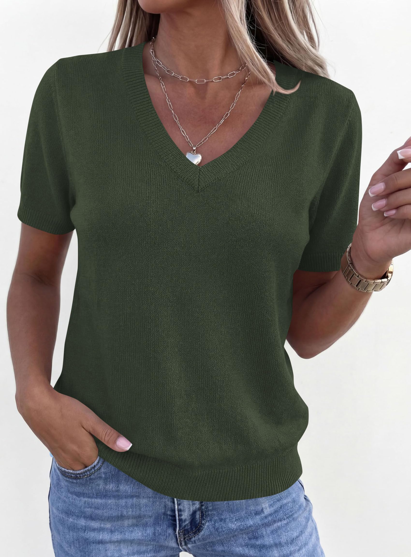 Womens Short Sleeve Sweater V Neck Tops,Army Green,S