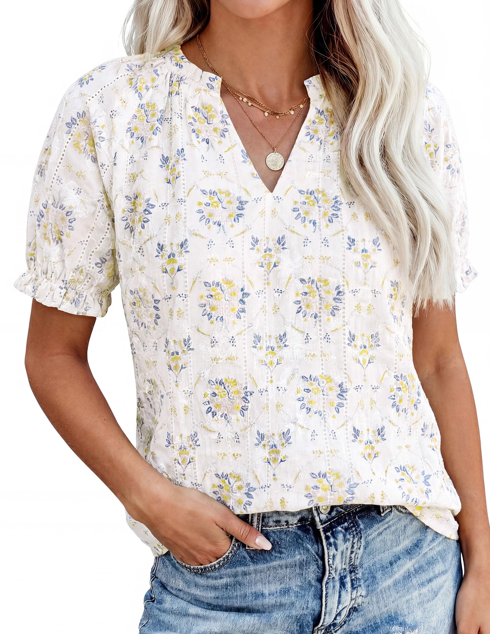 Womens Floral Short Sleeve Blouses,Floral Beige,L