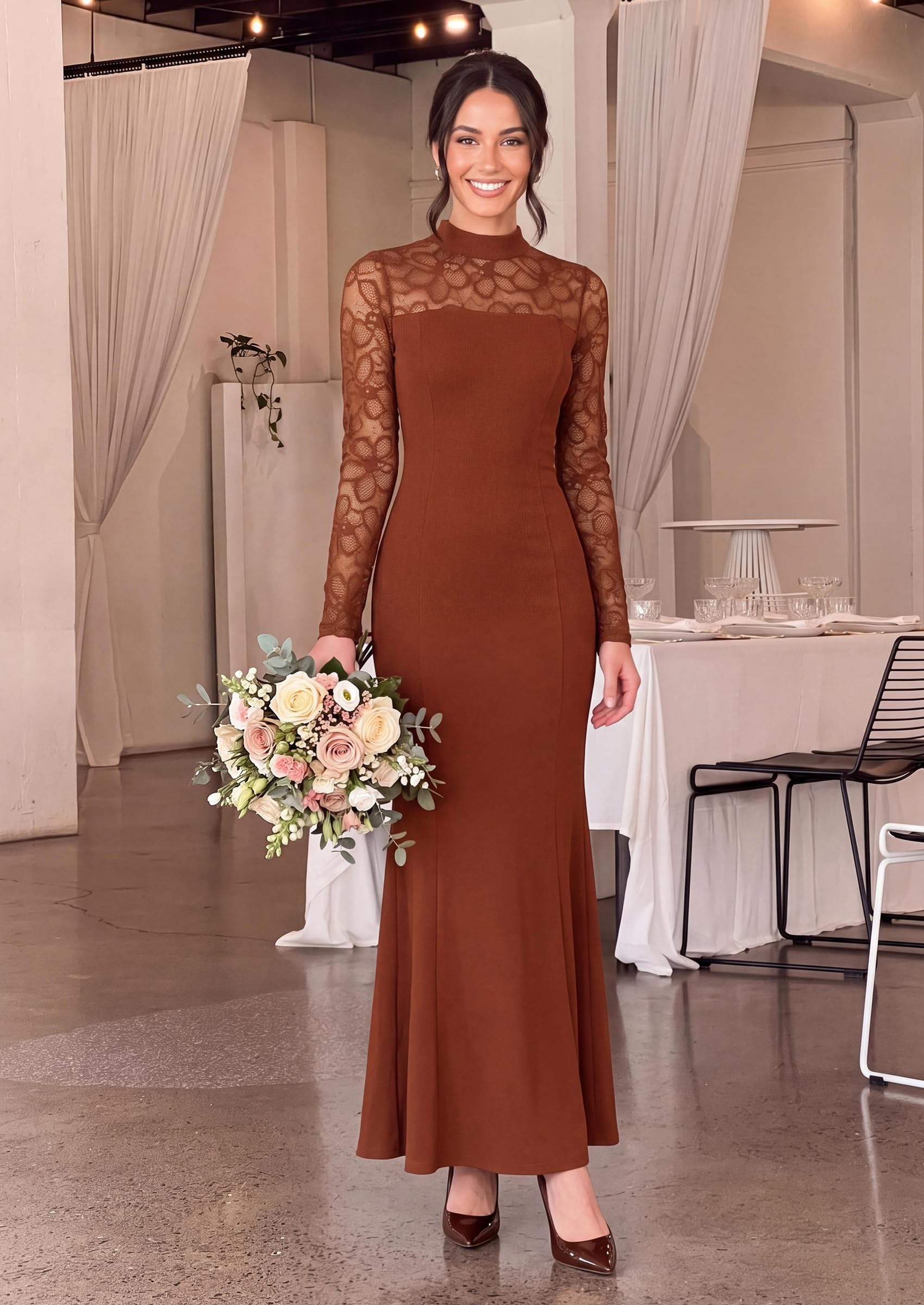 Women's Fall Lace Sheer Dress Bodycon Maxi Cocktail Dresses