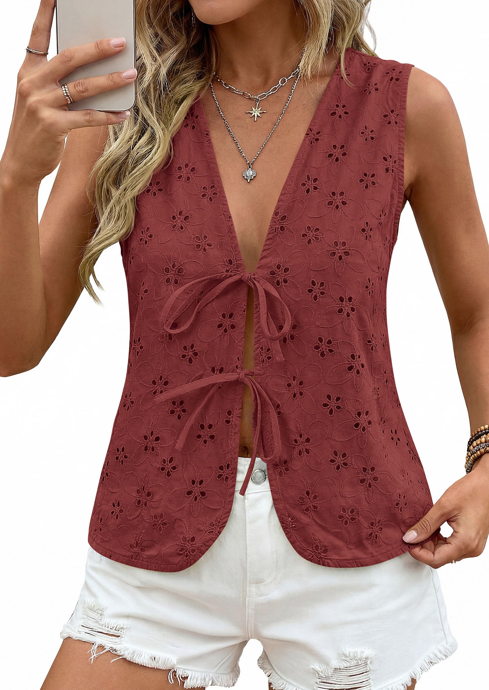 Women's Summer Eyelet Lace Tie Front Vest Tops (Brown Red,S)