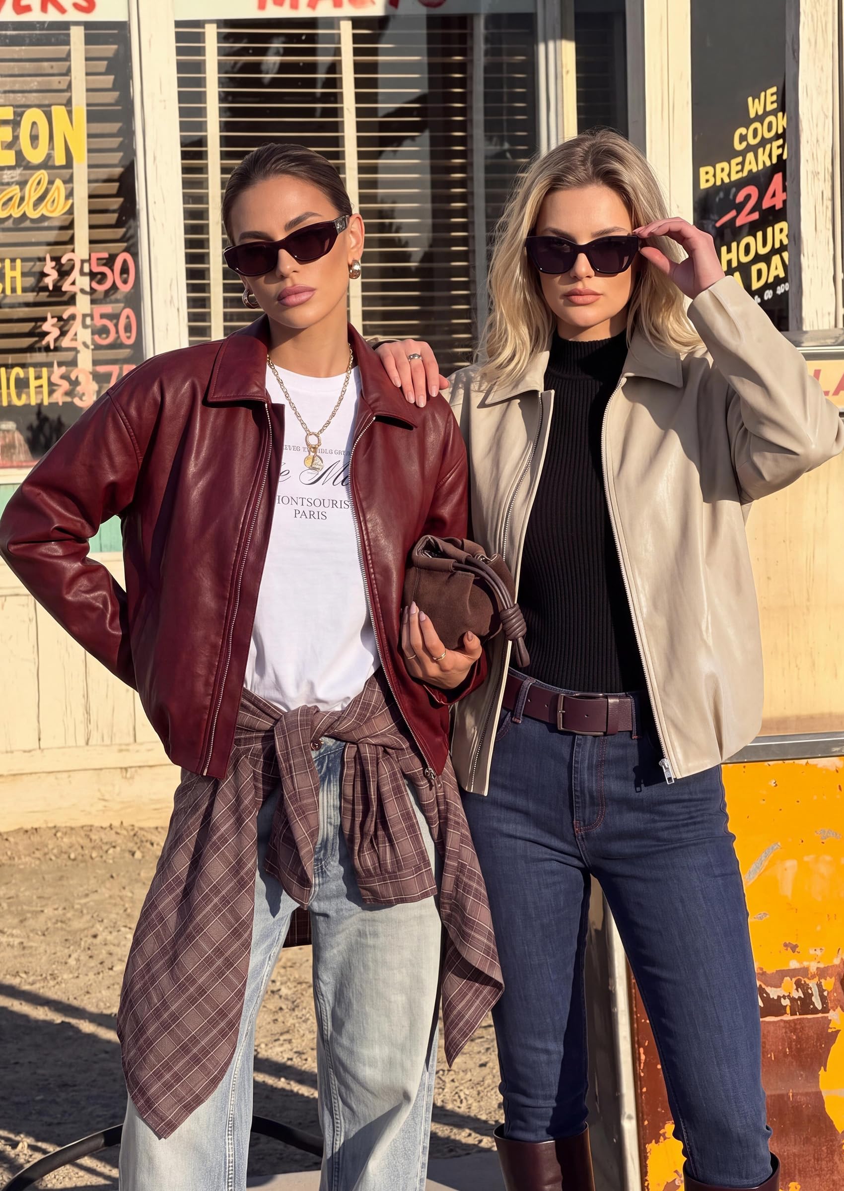 Womens Faux Leather Motorcycle Jackets Fall Cropped Coats
