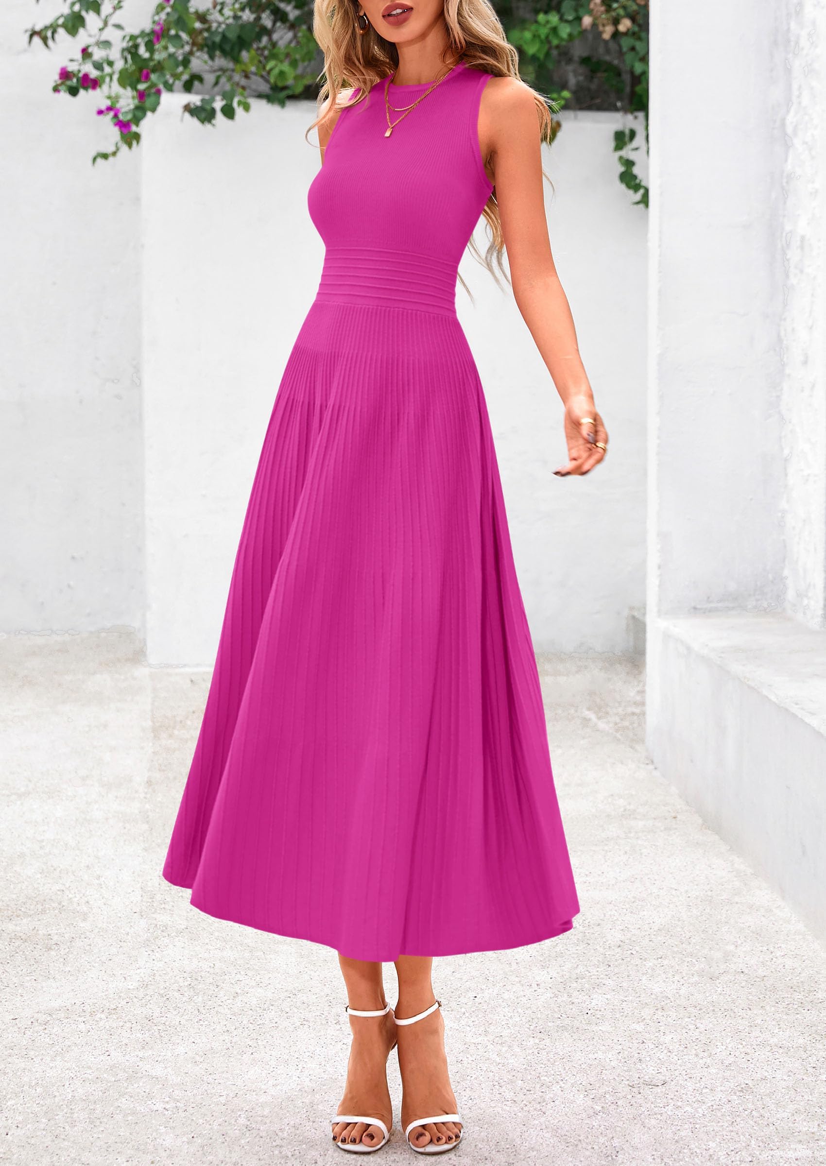 Women's Summer Pleated Midi Work Dress,Rose,S