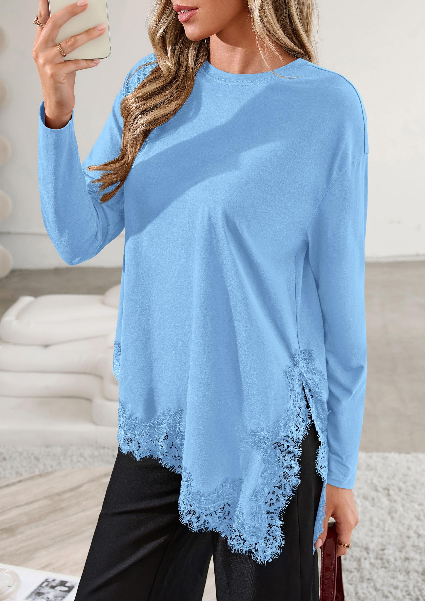 Women's Long Sleeve Asymmetrical Lace Tops Oversized Tshirts
