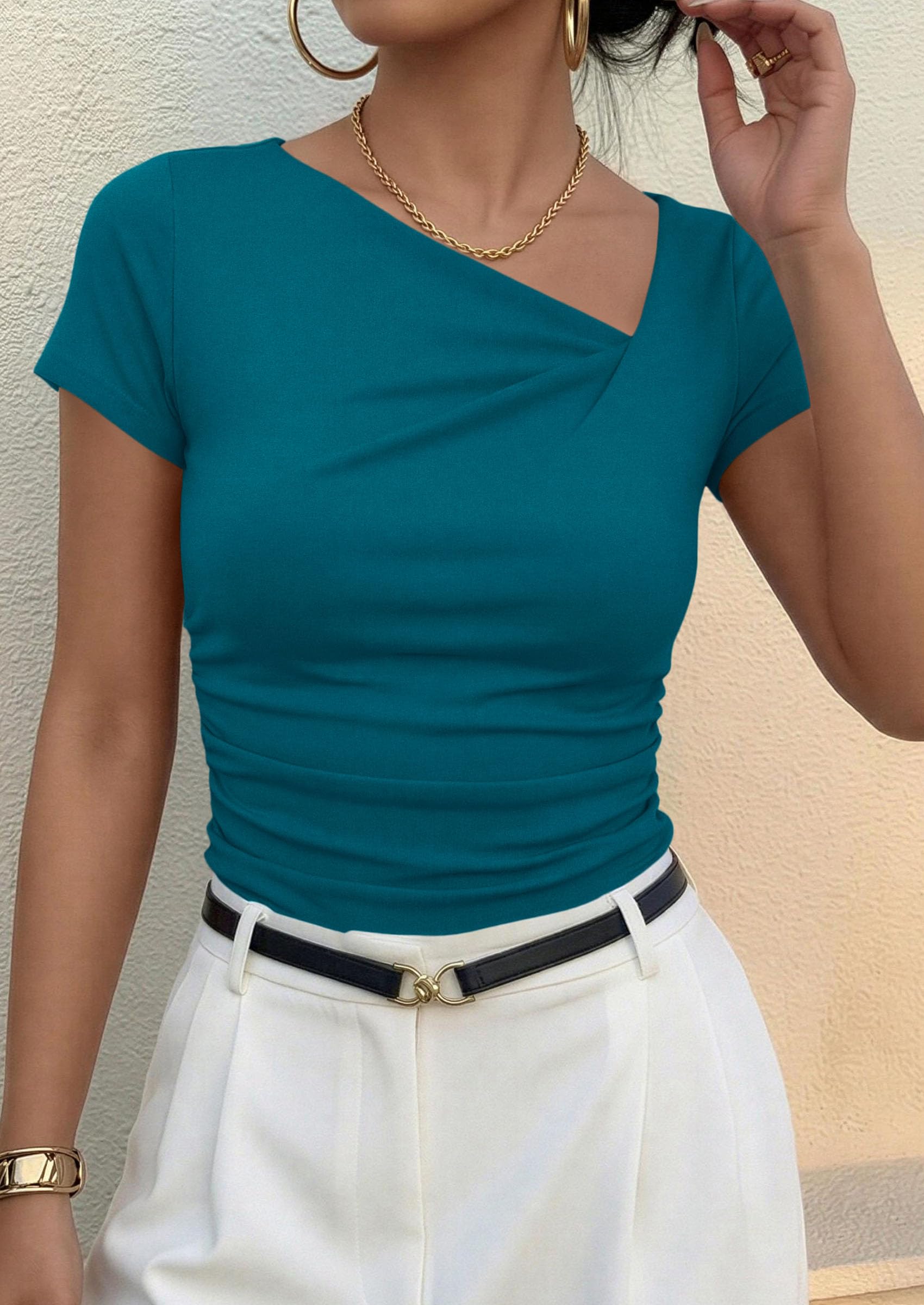 Women's Summer Trendy Asymmetrical Y2K Tops (Lake Blue,S)