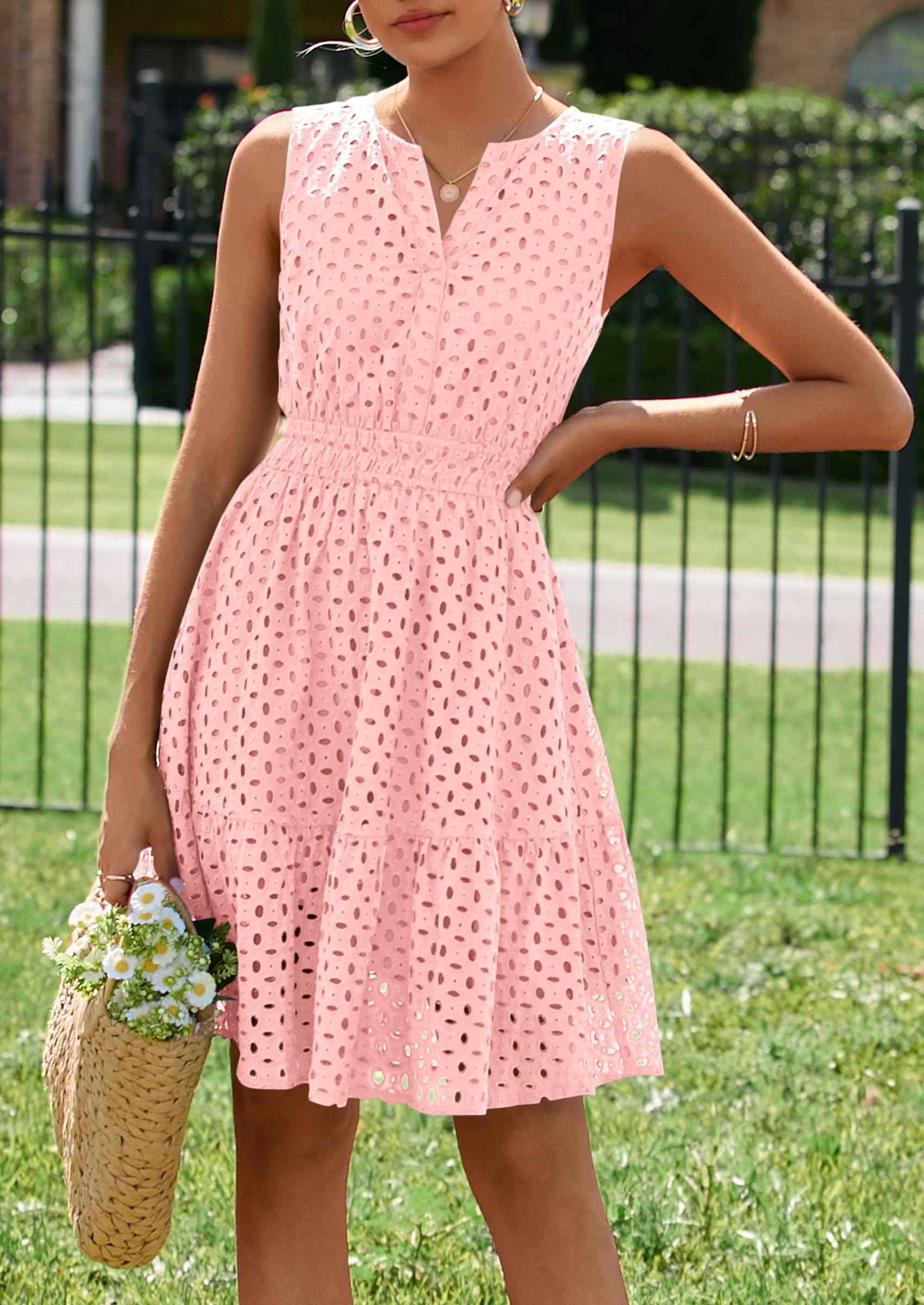 Women's Summer Eyelet A Line Short Dresses,Pink,S