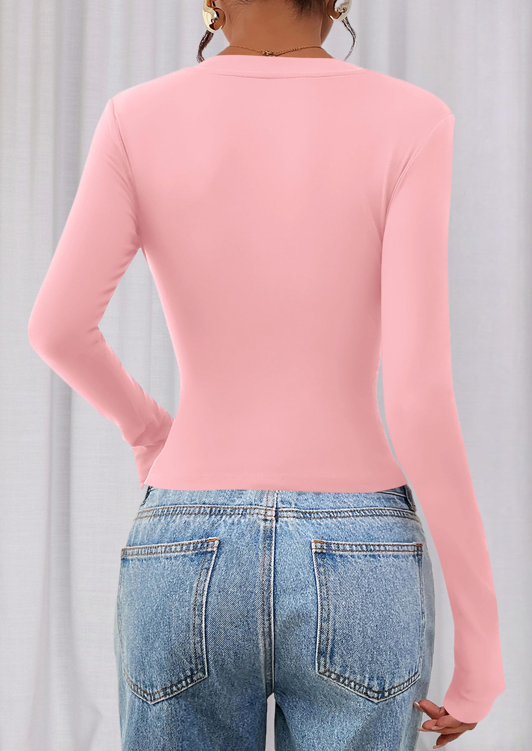 Womens Long Sleeve Slim Fit Crop Tops,Pink,XS