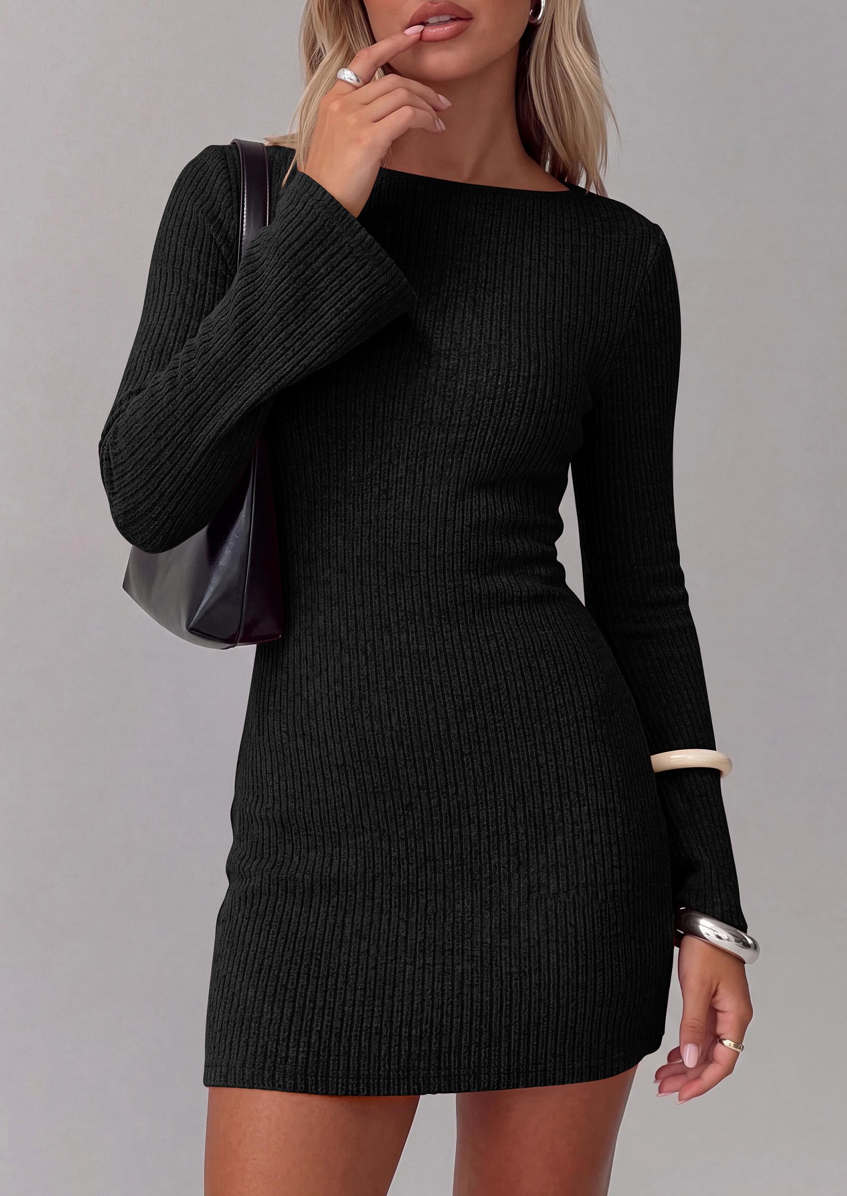 Womens Boat Neck Bell Long Sleeve Mini Sweater Dress Black