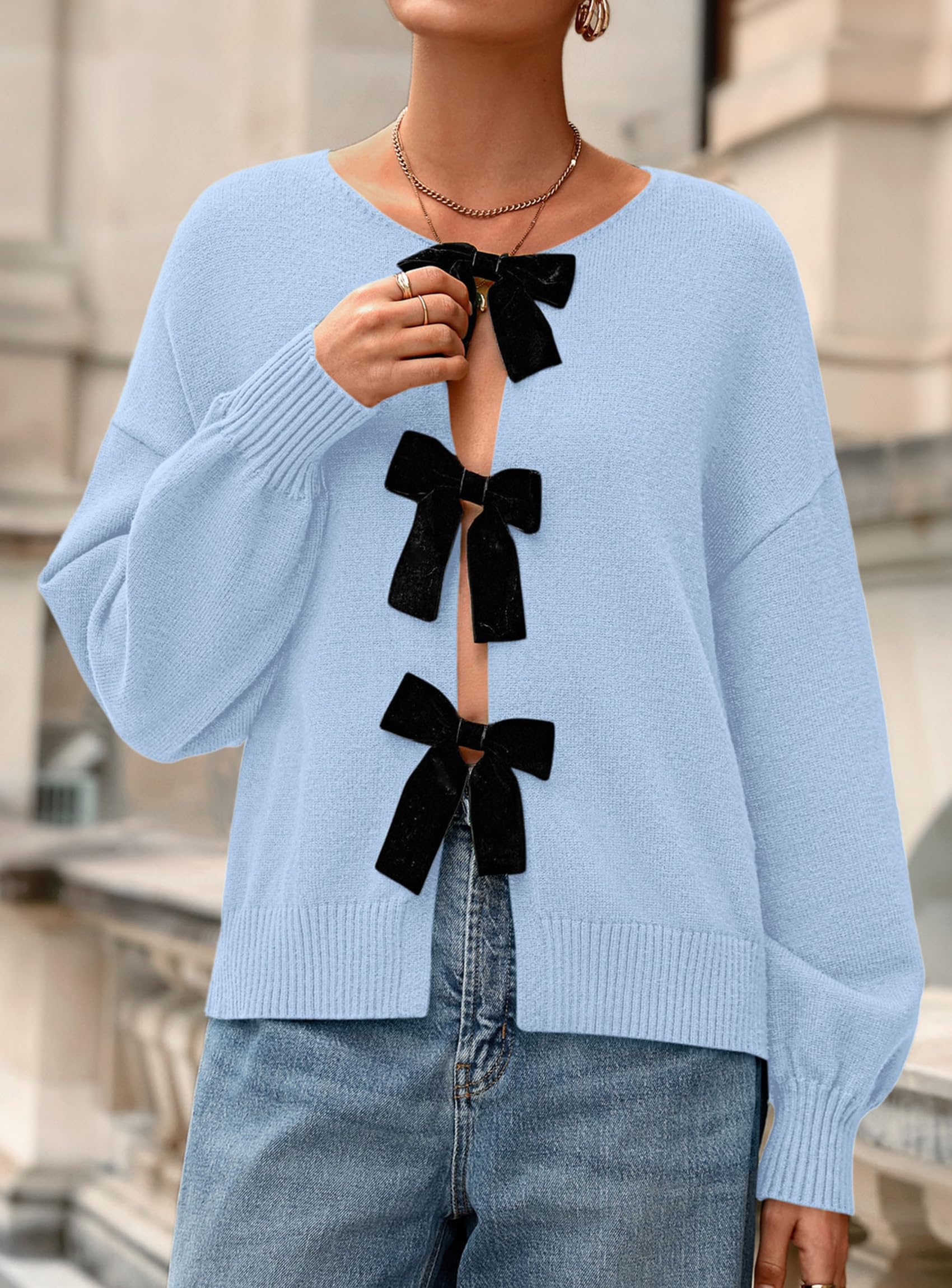 Women's Fall Bow Tie Front Cardigan Sweaters,Light Blue,XL