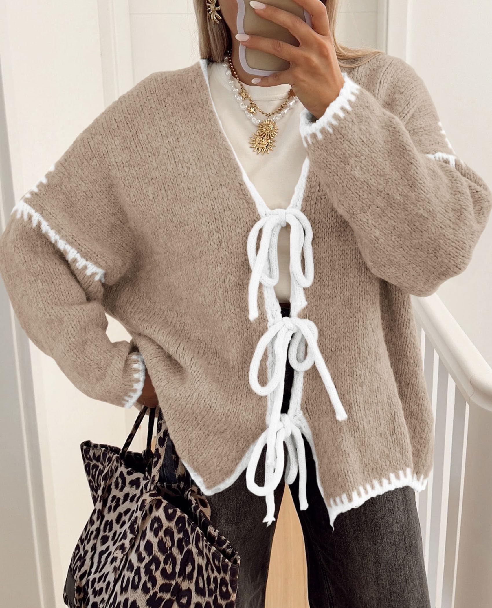 Women's Tie Front Bow Cardigan Sweaters(Camel White,Small)