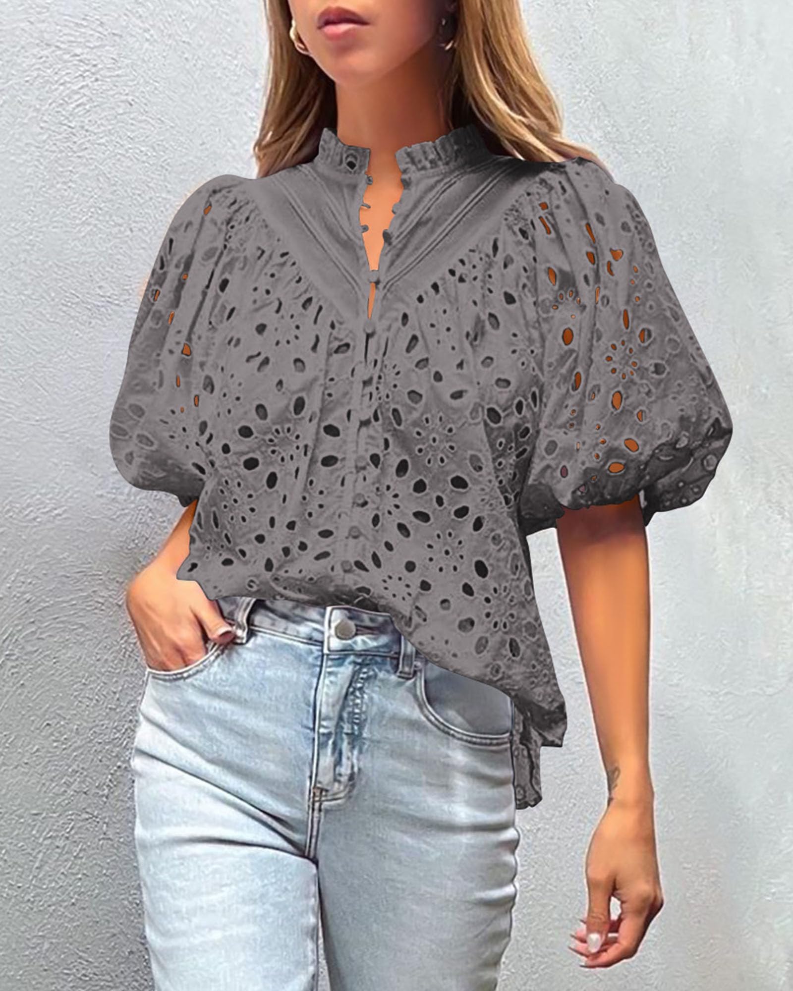 Womens Tops Boho Eyelet Puff Sleeve Blouse, Dark Grey,S
