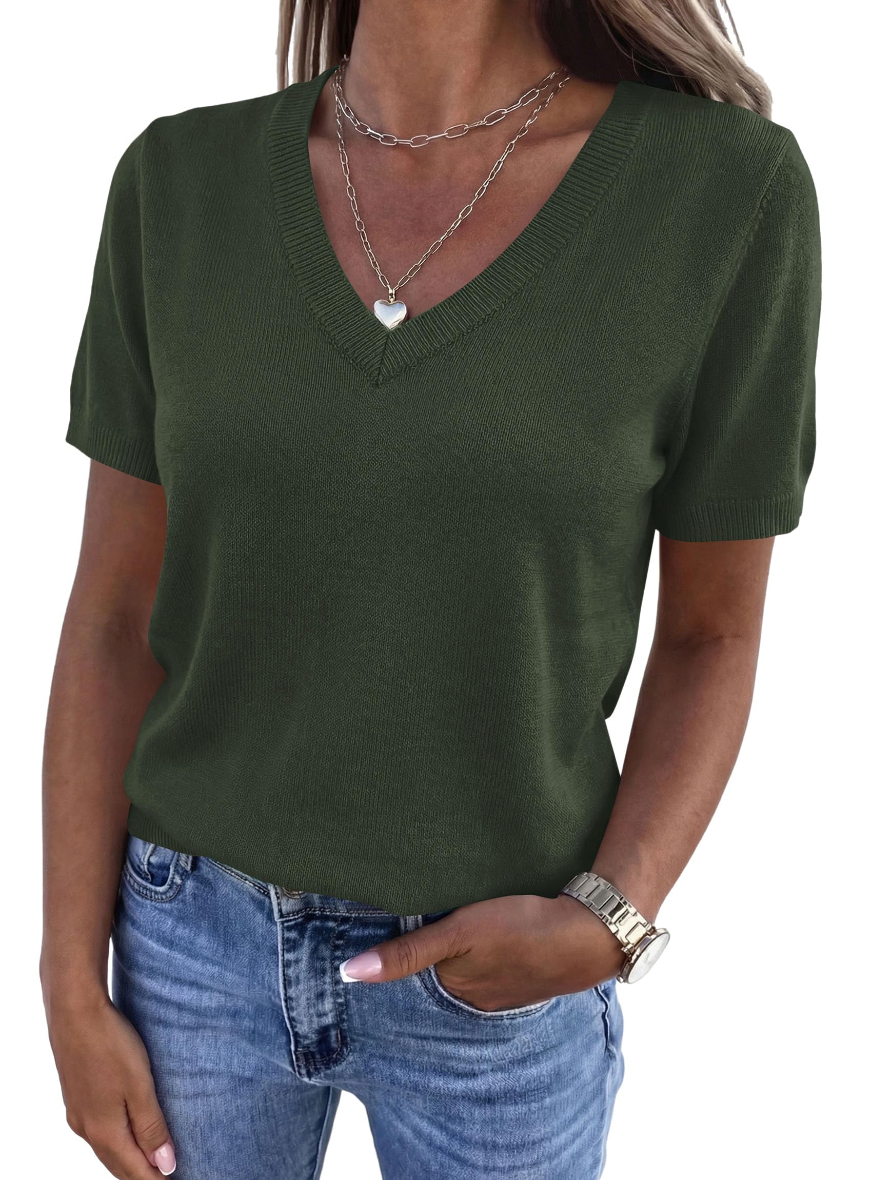 Womens Short Sleeve Sweater V Neck Tops,Army Green,S