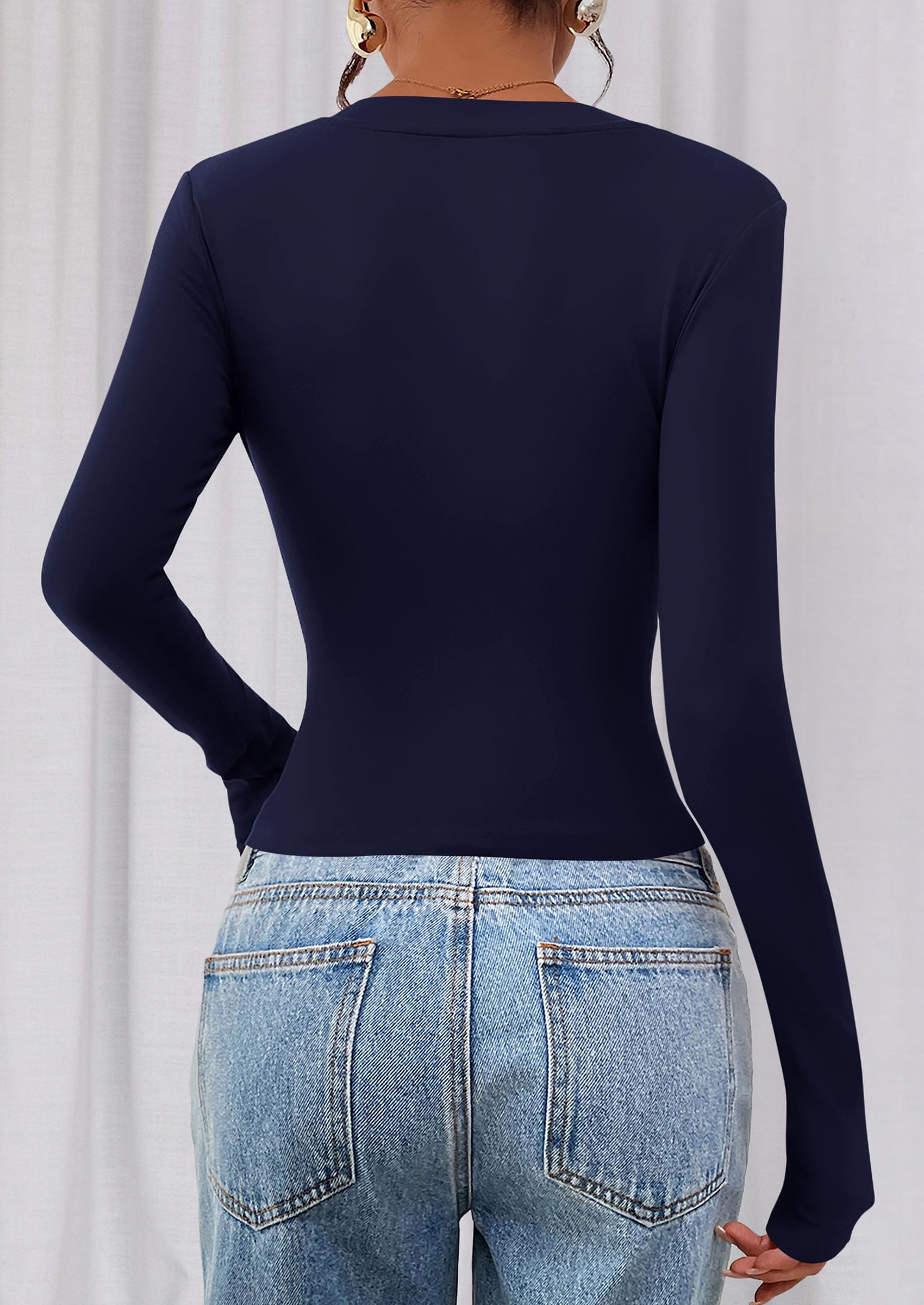 Womens Long Sleeve Slim Fit Crop Tops,Navy Blue,XS