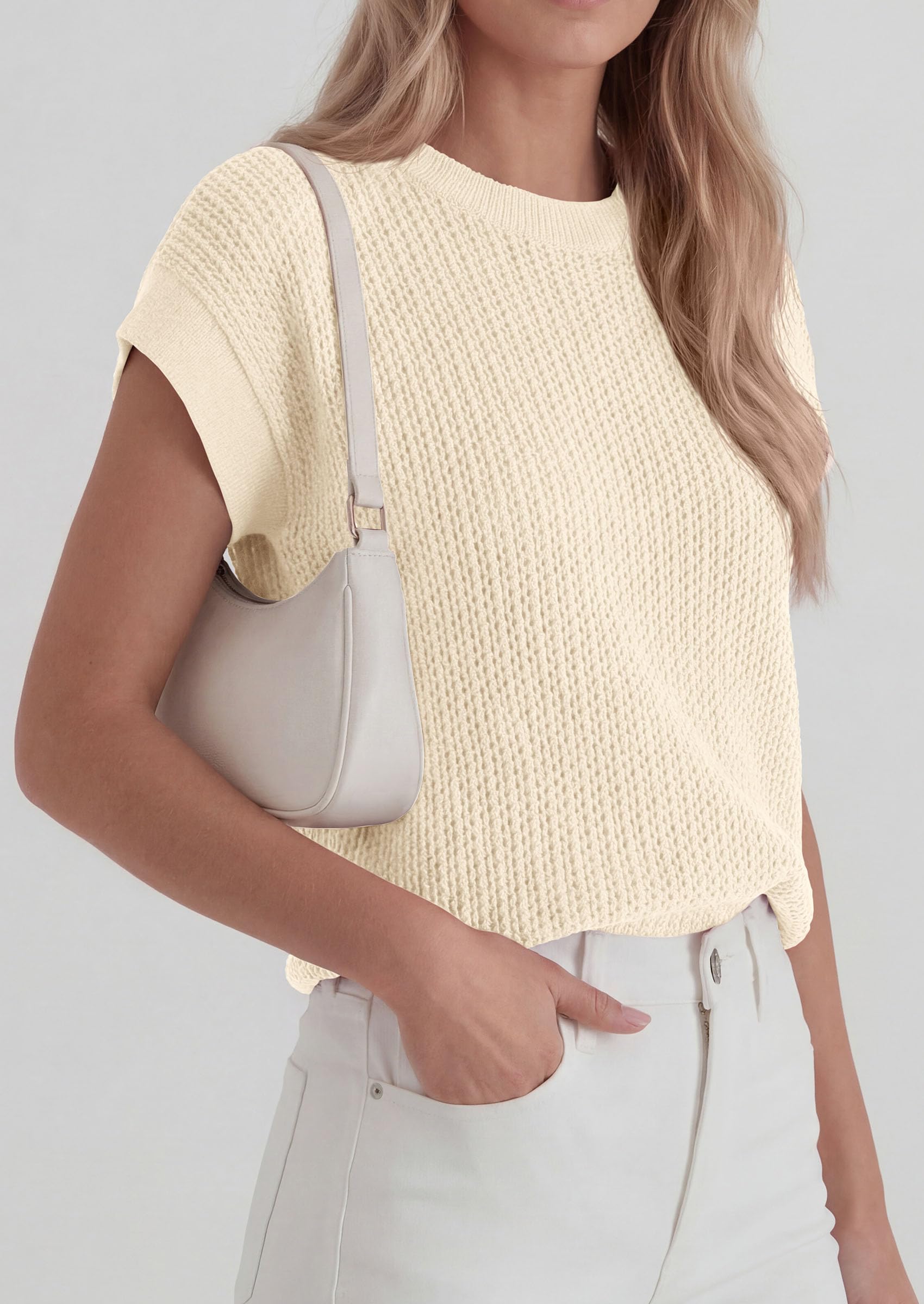 Women's Summer Sweater Vest Crochet Tops (Beige,S)