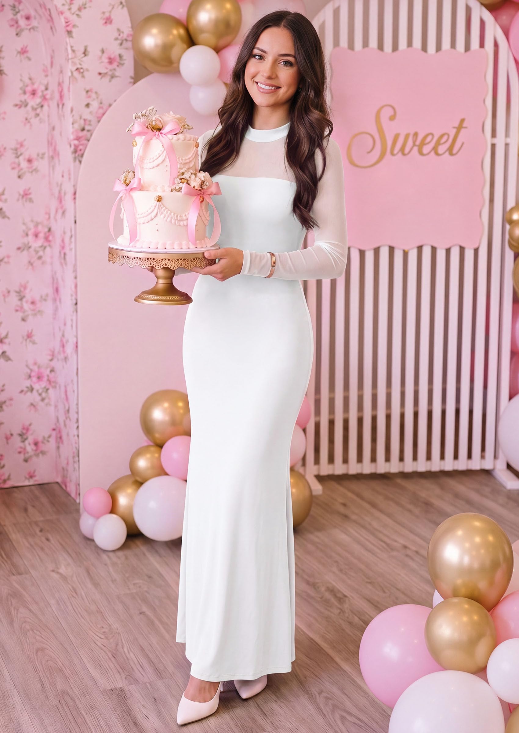 Women's Long Sleeve Formal Mesh Fall Wedding Guest Maxi Dress