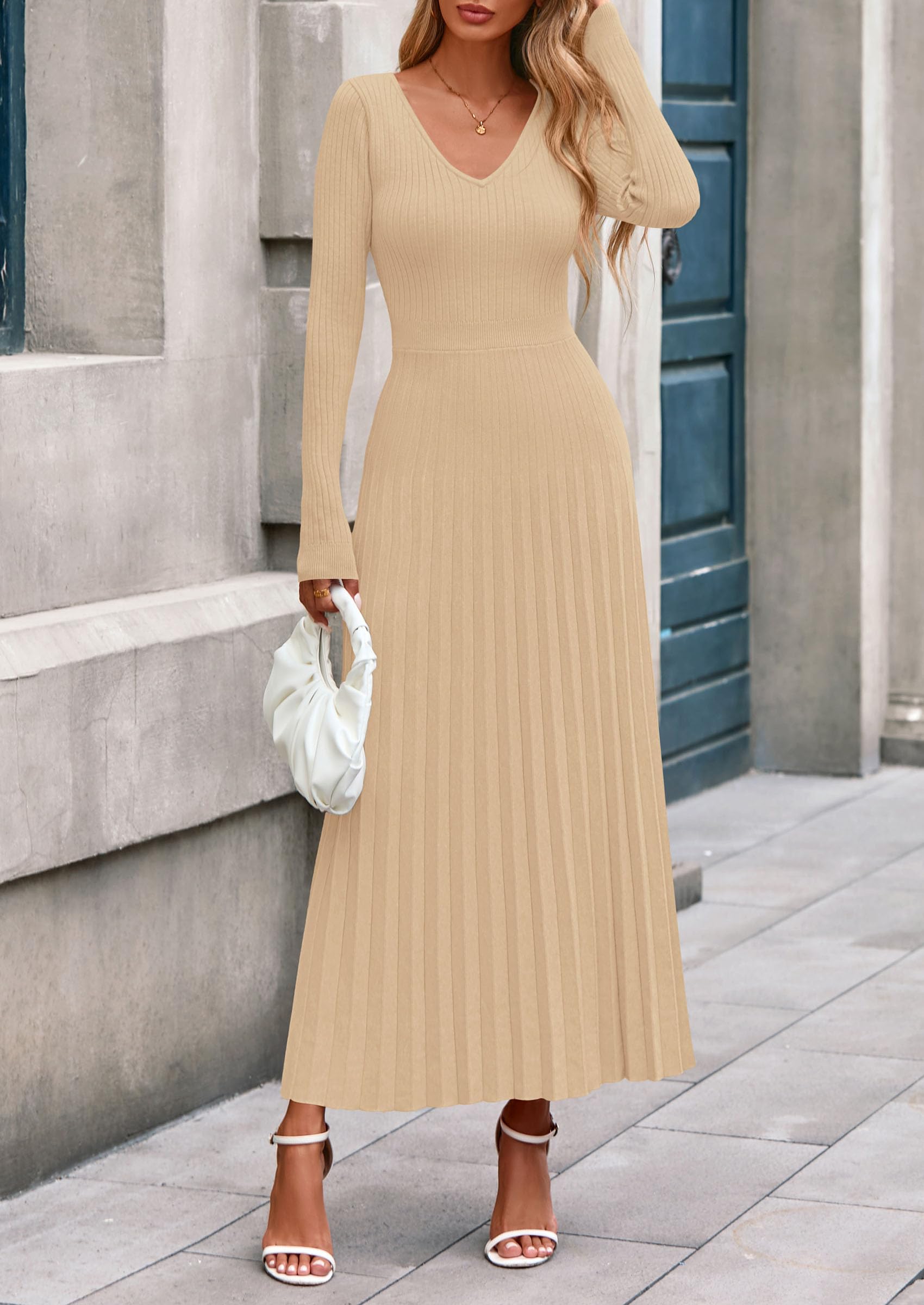 Sweater Dress Women Long Sleeve Maxi Flowy Pleated Dresses