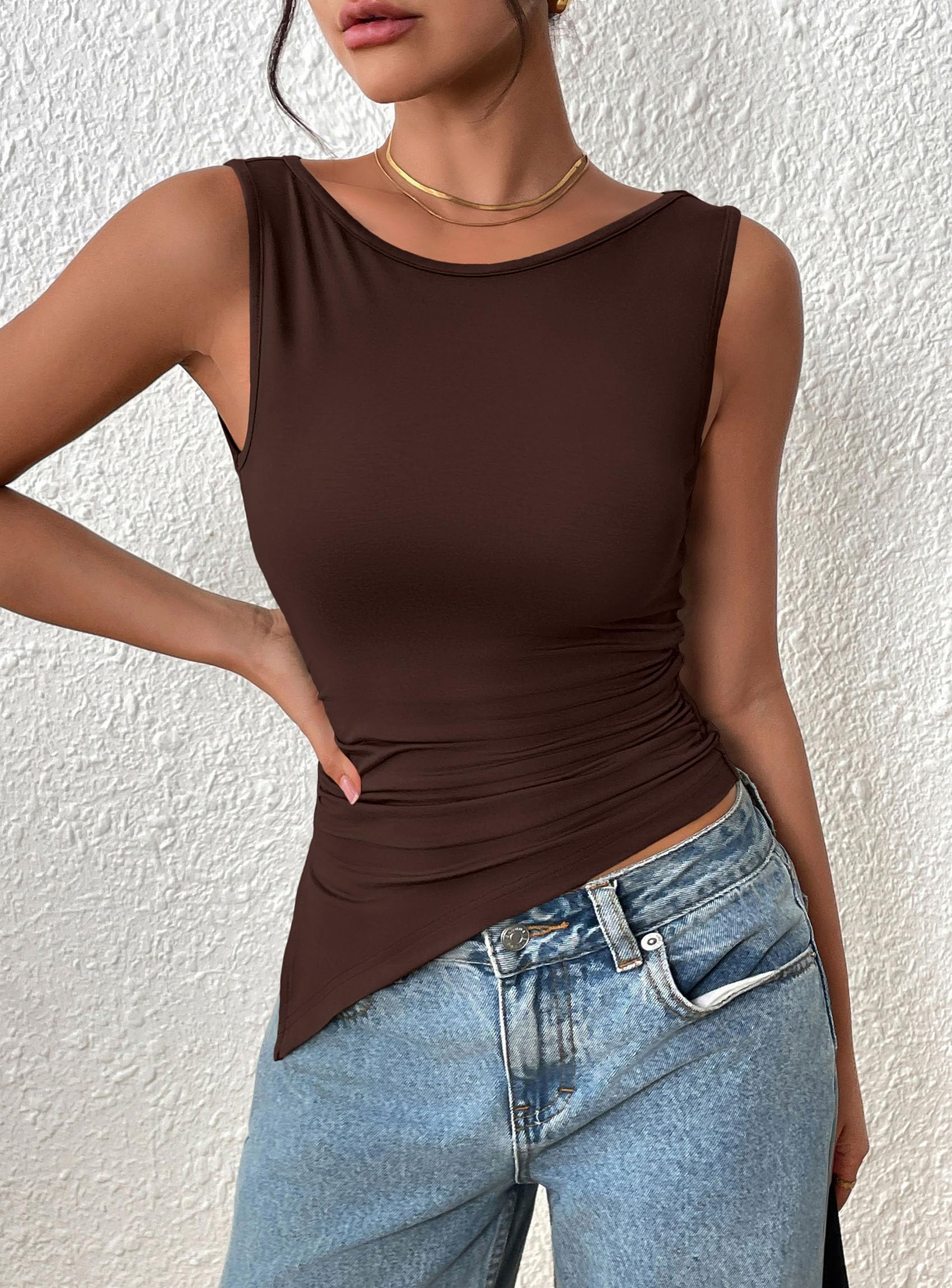 Women's Ruched Tank Tops Summer Y2K Shirts,Brown,S
