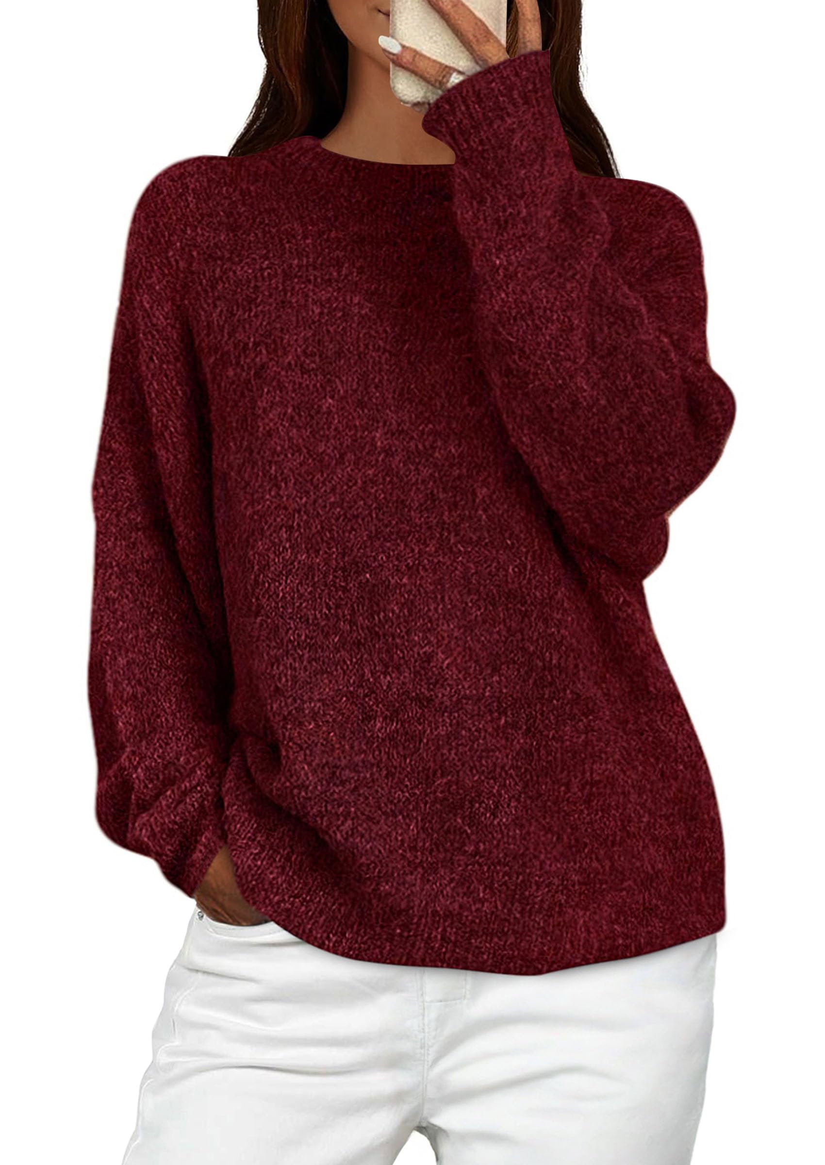 Womens Long Sleeve Oversized Pullover Sweater,Wine Red,M