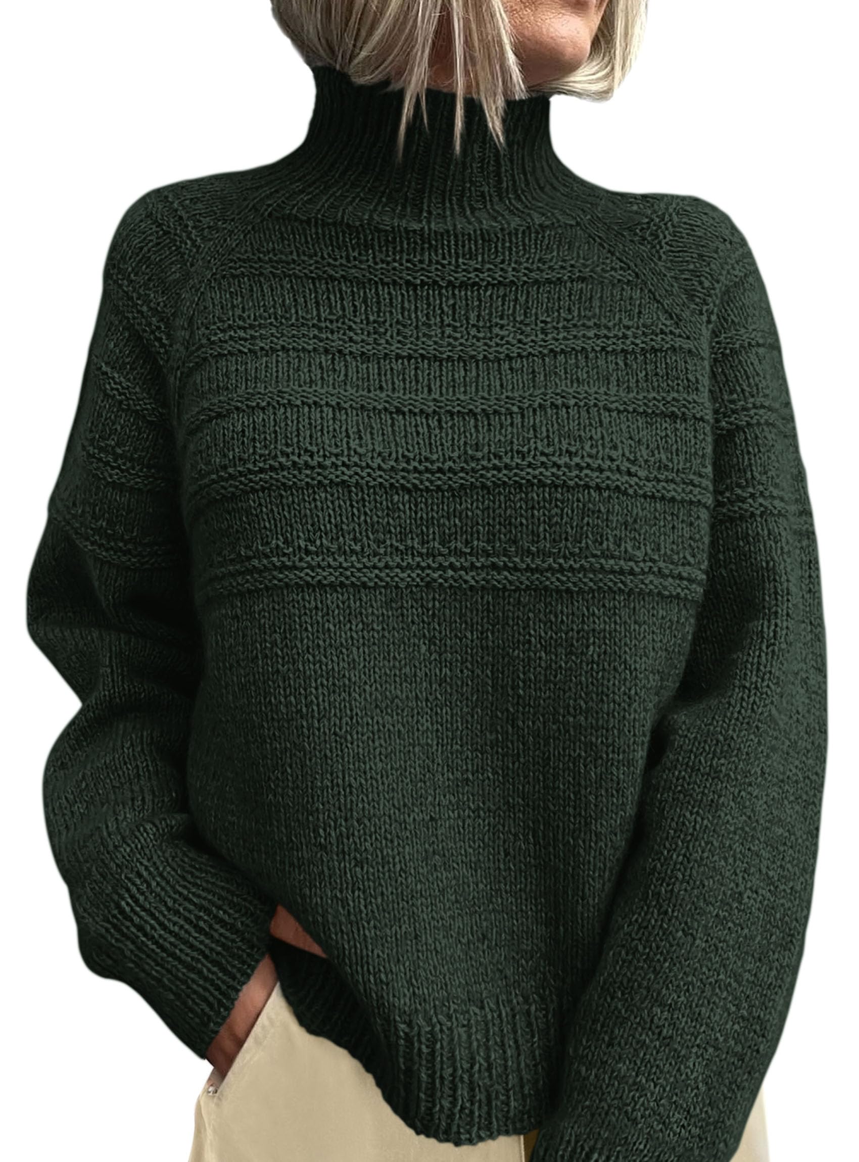 Women's Chunky Knit Mock Neck Pullover Sweaters,Dark Green,S