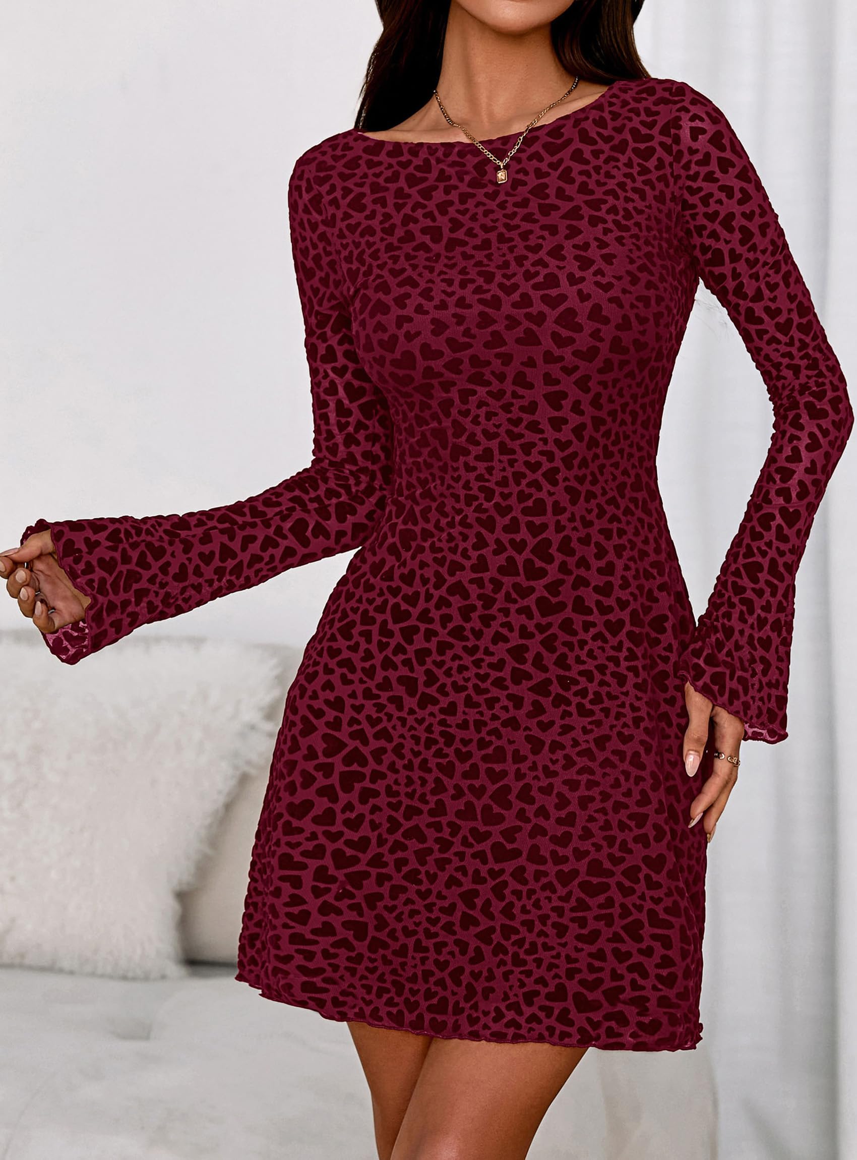 Women's Fall Floral Long Sleeve Mini Dress (Wine Red,XS)