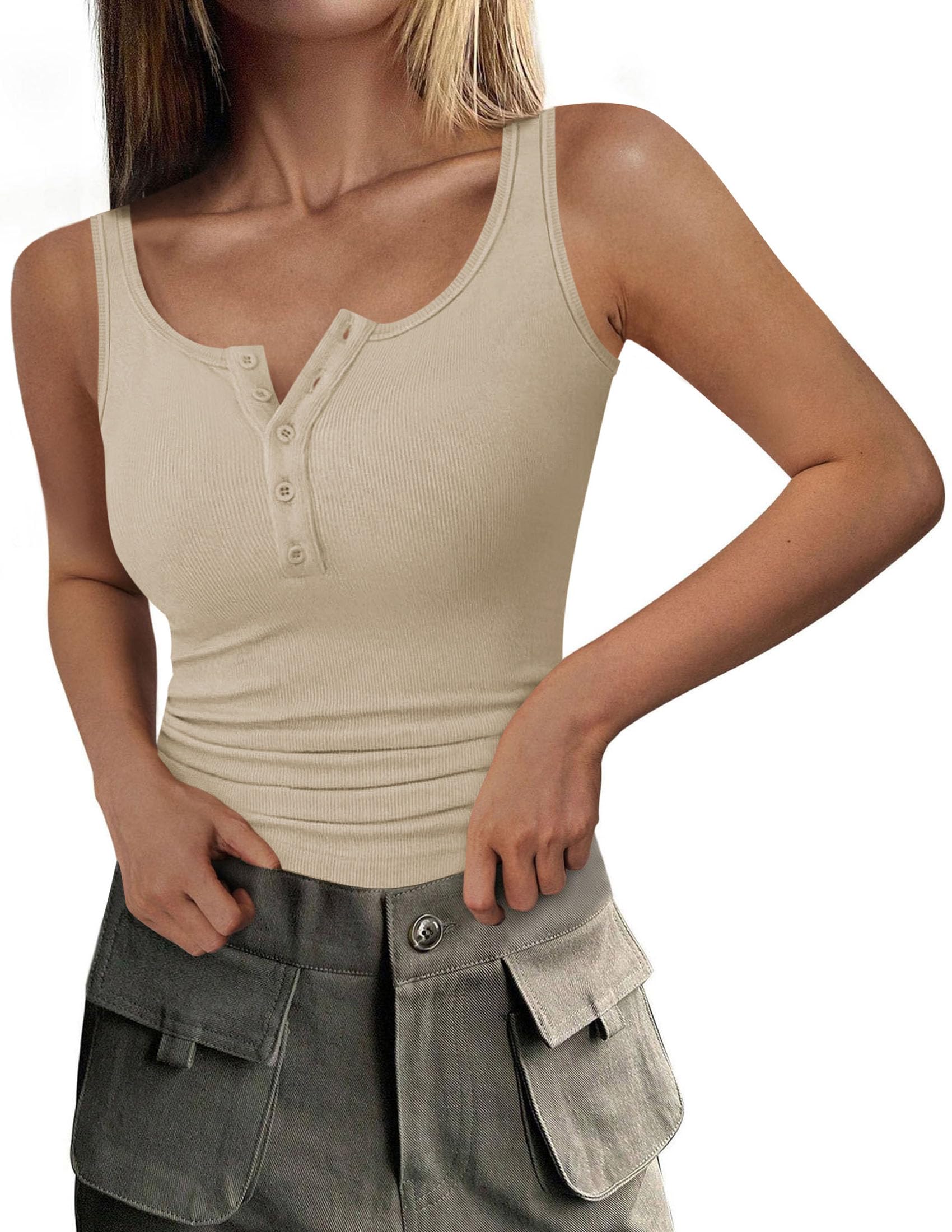 Womens Button Up Sleeveless Henley Tank Tops,Apricot,S